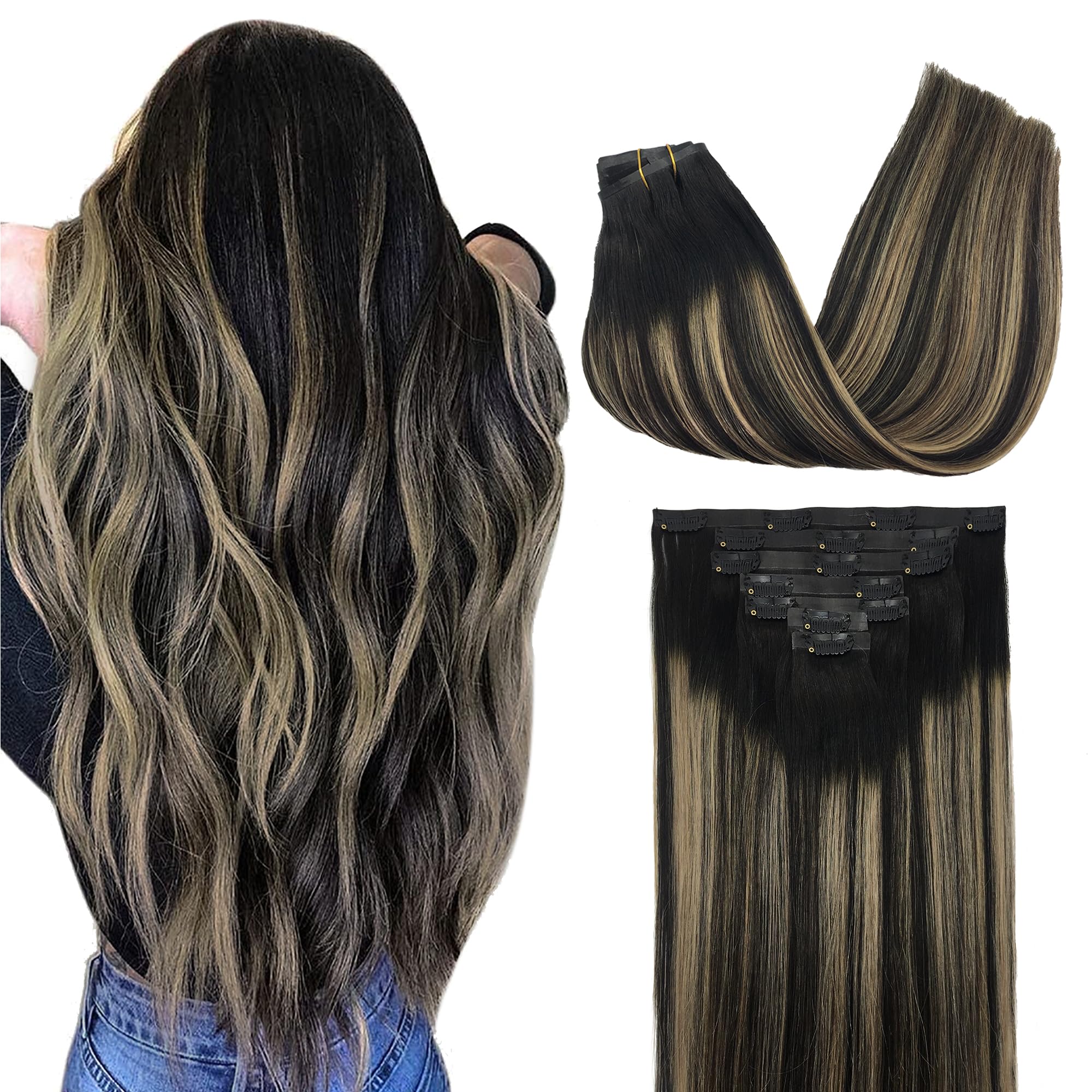 GOO GOO Clip in Hair Extensions Real Human Hair, Remy Human Hair Extensions Clip ins for Women, Natural Human Hair, 18inch 130g 7Pcs, 1B/16/1B