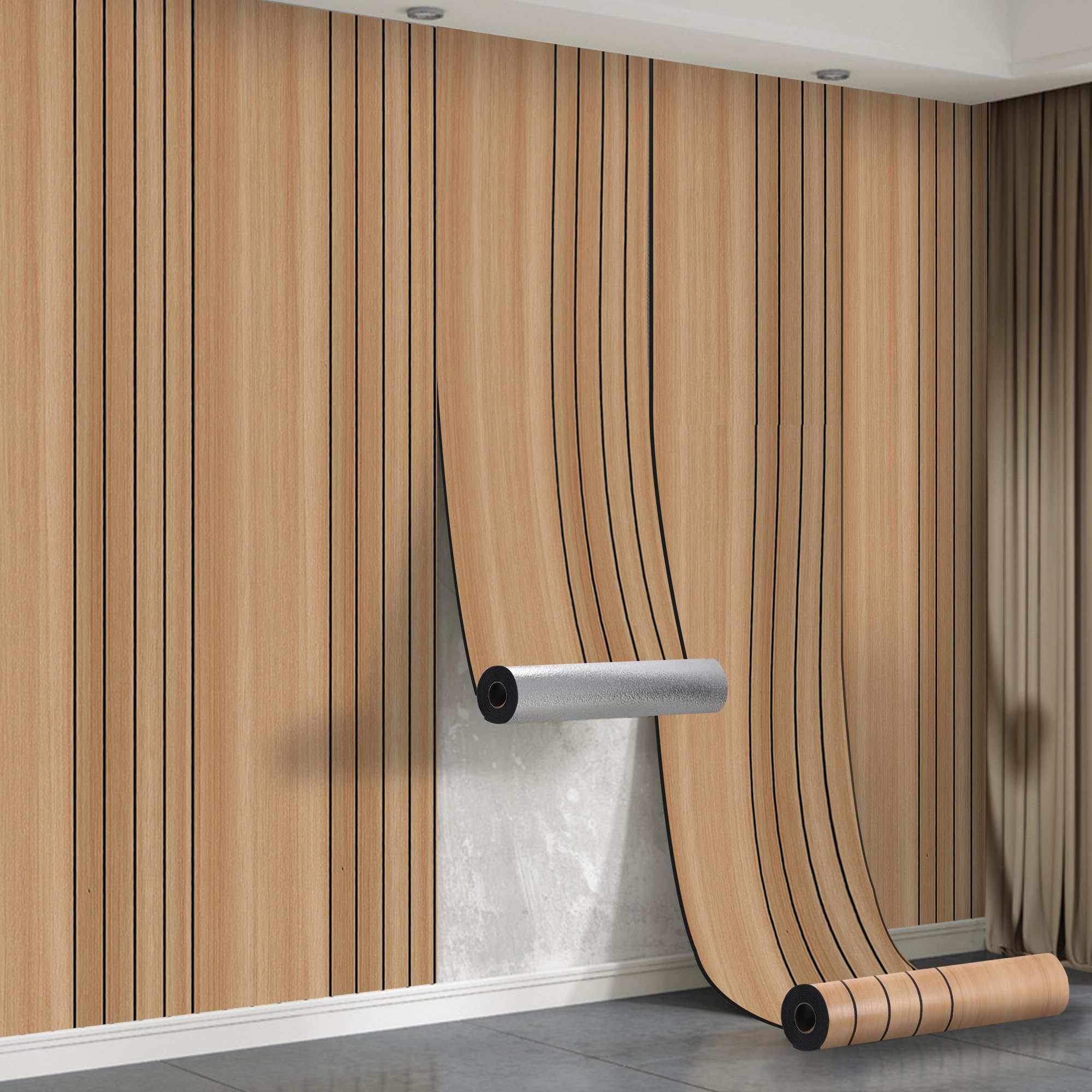 Peel and Stick Wood Slat Wall Panels - 8 Roll 3M Self Adhesive Wall Panels Wood Grain Texture, 3mm Decorative Acoustic Thermal Panels 3D PVC Wall Cover for Bedroom Living Room Feature Wall,Light Oak