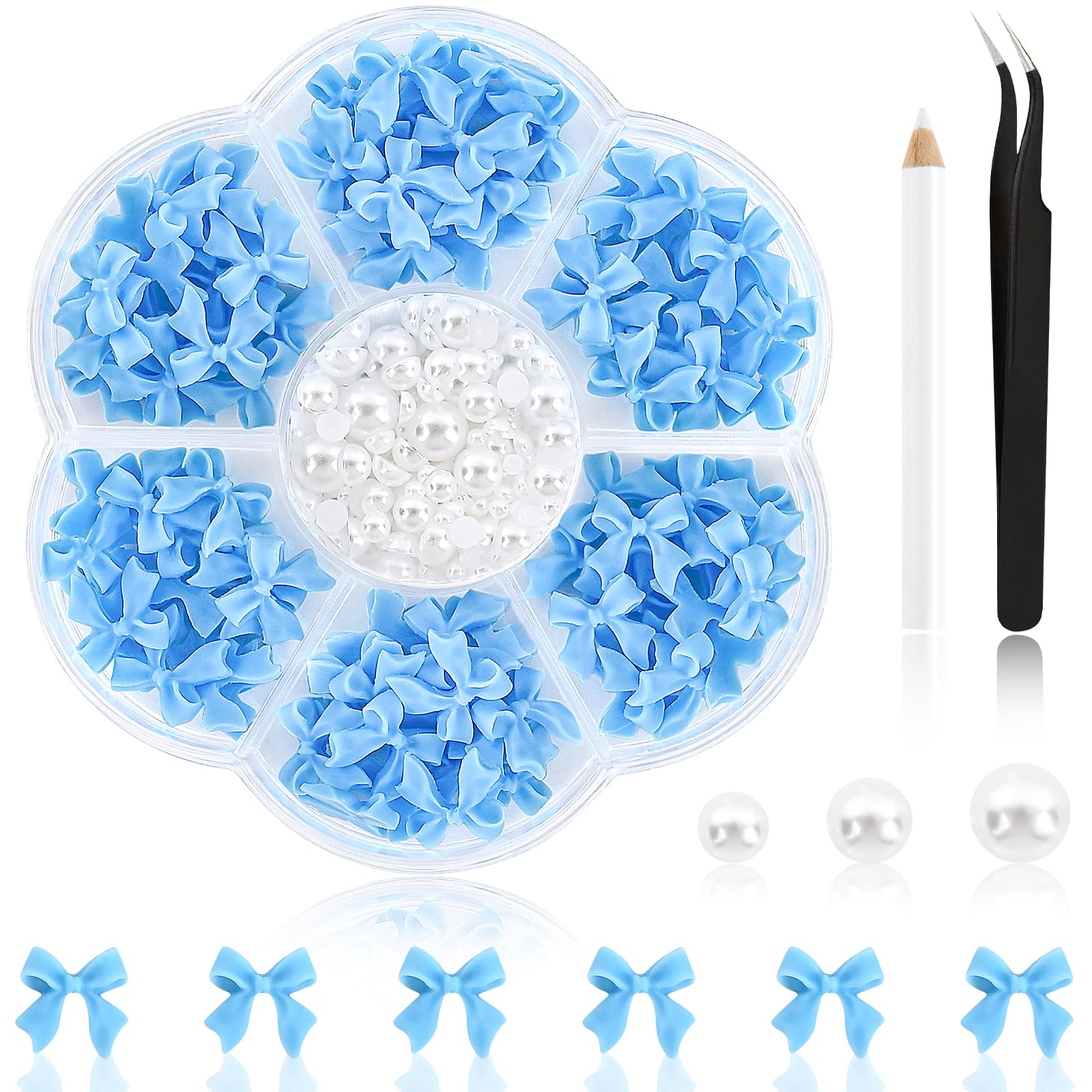 7 Grid Nagelstecker Set - Mit Schleifenknoten, Strass & 3D-Blumen, Rosa & Weiß