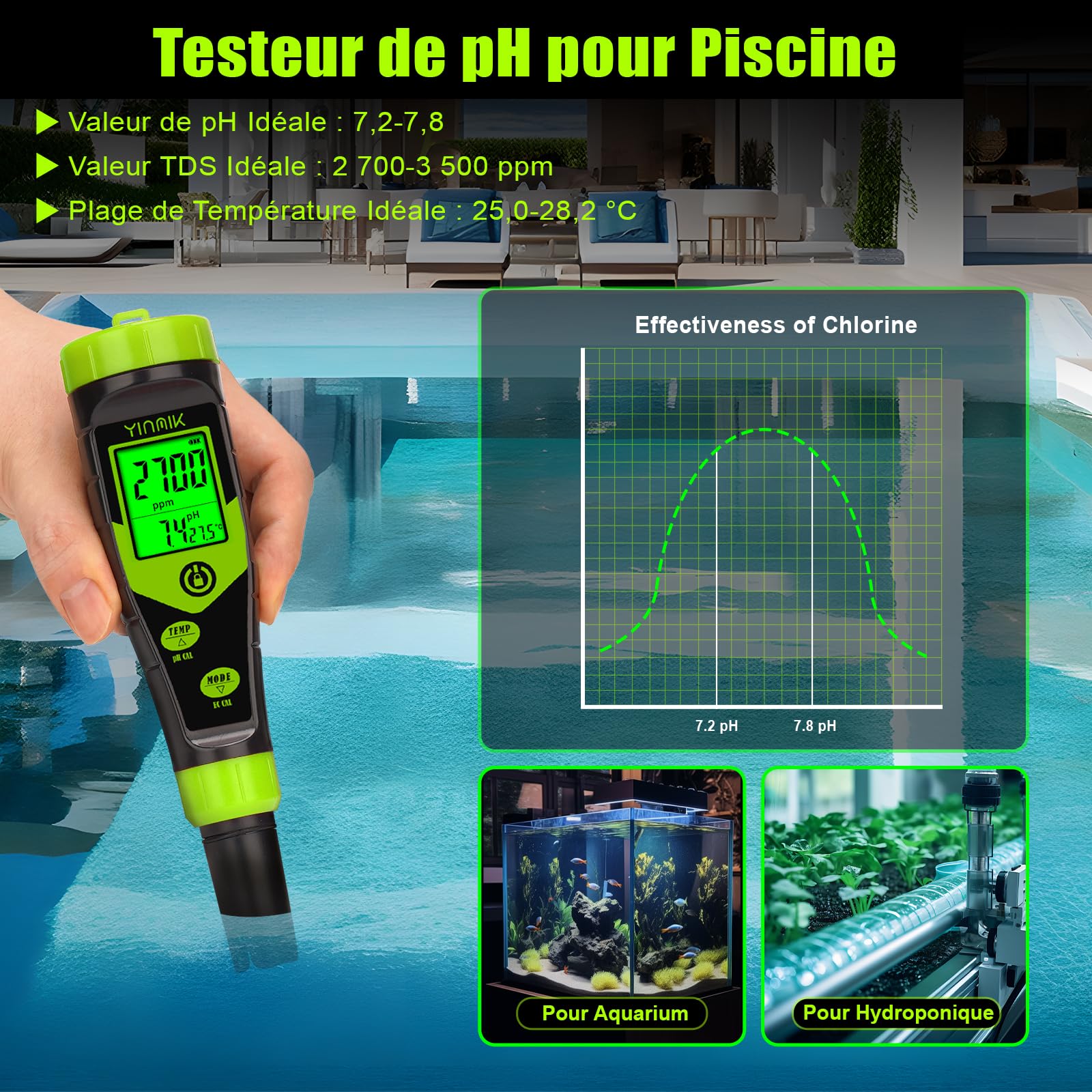 YINMIK pH-Mètre Hydroponique, Affichage Simultané de la EC/TDS/Temp, Teste Les Solutions Nutritives pour Plantes, Utilisé en hydroponie Profonde, en aéroponie et en Culture intérieure/extérieure