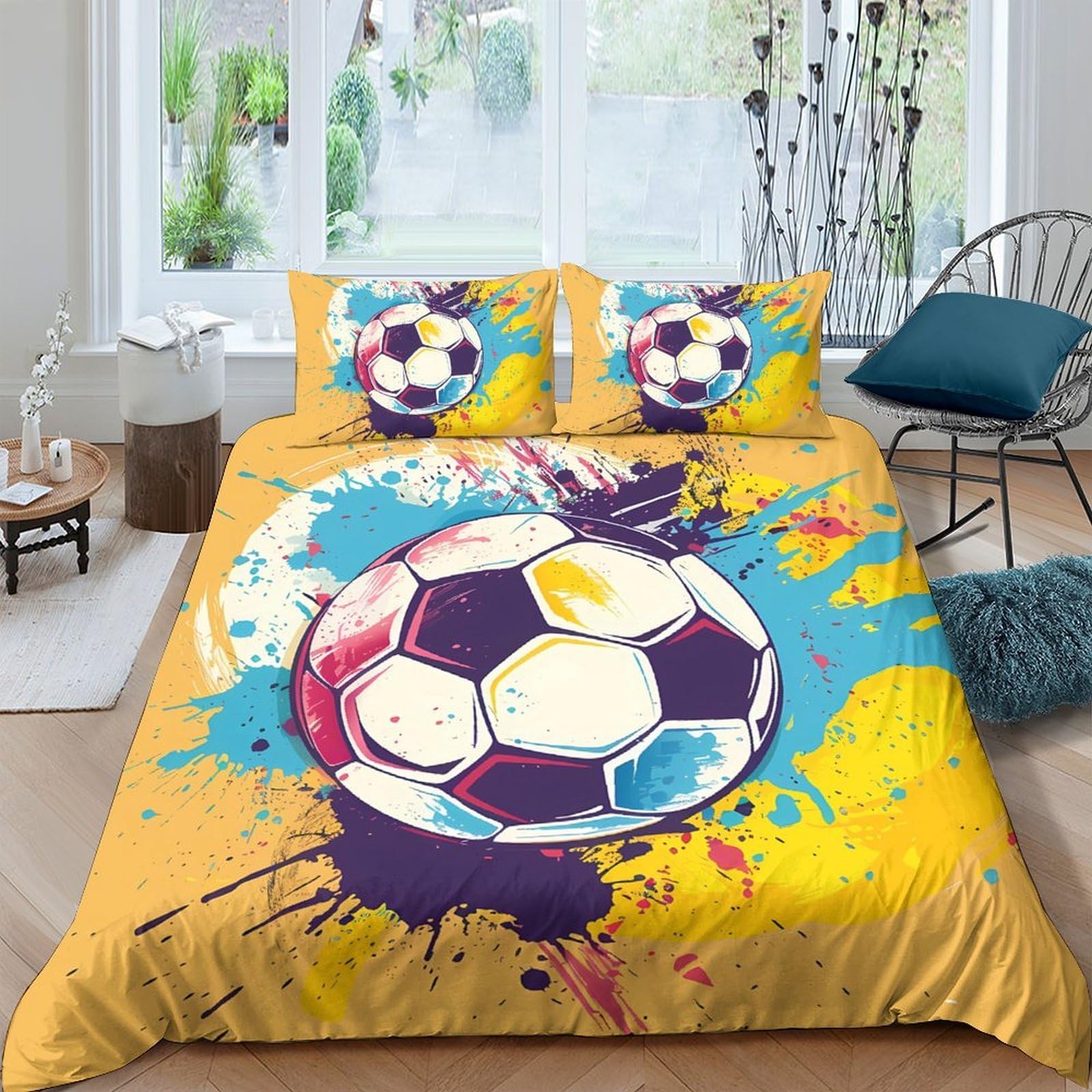 Ctjqhvkz Style-9 3D Printed Soccer Ball Fitted Sheet Microfiber Yellow Splash Bed Cover For Bedroom Guest Room Decor Easy Clean Single（135X200cm）
