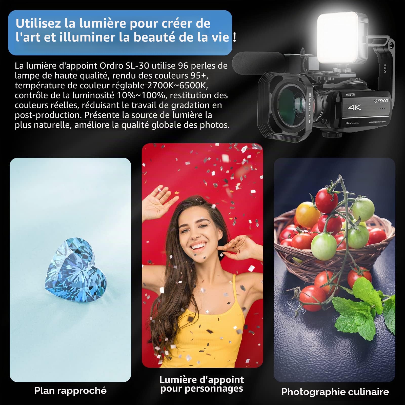 ORDRO Caméscope 4K avec vision nocturne infrarouge, zoom numérique 30x, WiFi, microphone externe et stabilisateur – Caméra de vlogging UHD 30 fps pour YouTube