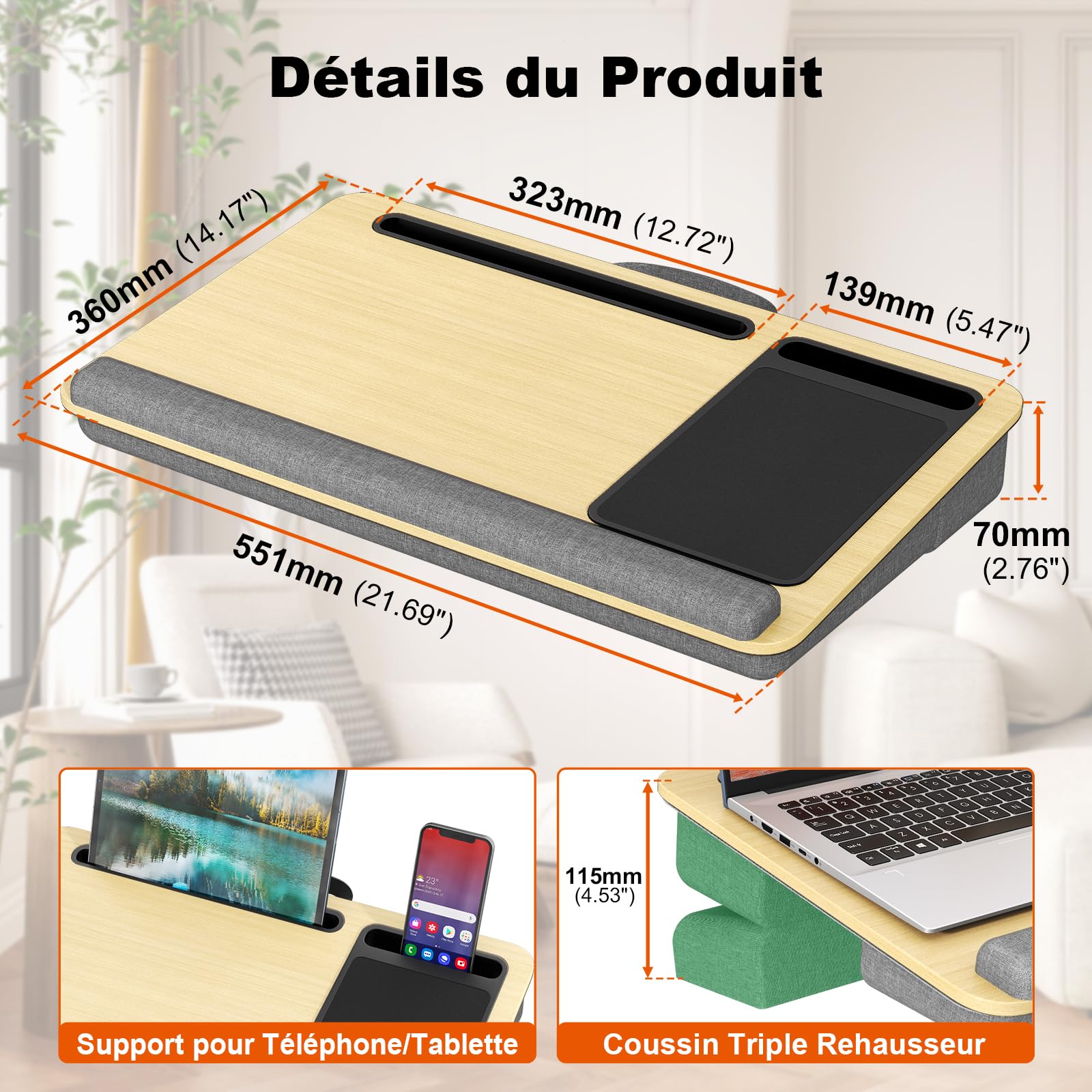 PUTORSEN Bureau Portable pour Ordinateur Portable jusqu'à 17,3 Pouces avec Coussin d'oreiller et Tapis de Souris, Jaune