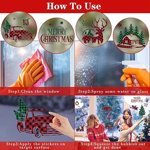 Miniatura 23 de CCINEE Adhesivo para ventana de Navidad, copos de nieve, Papá Noel, renos, para decoración navideña, 208 unidades Reno y Santa,Árboles rojos