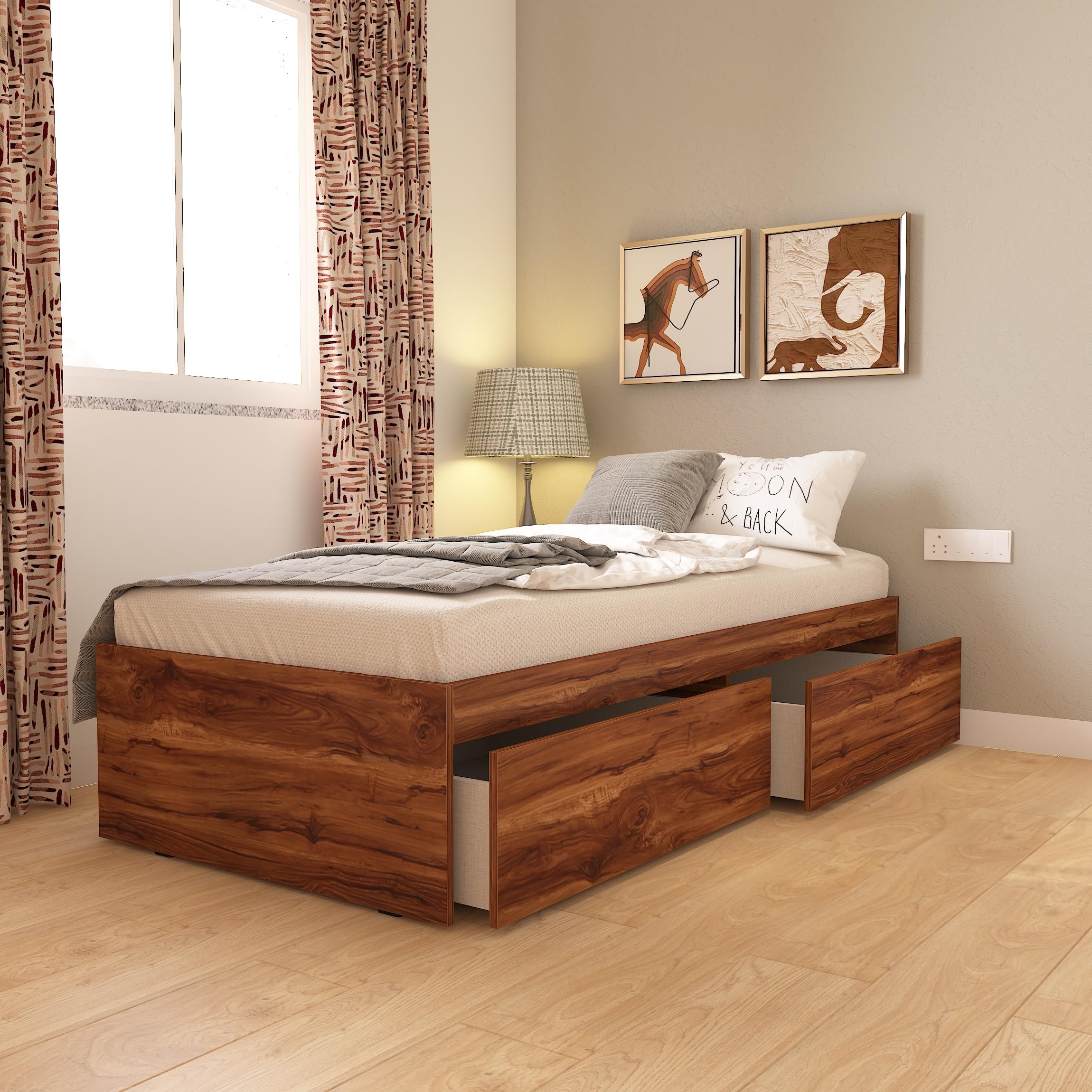 Studio Kook Tribe Engineered Wood Single Drawer Bed (Amber Oak)-image-8