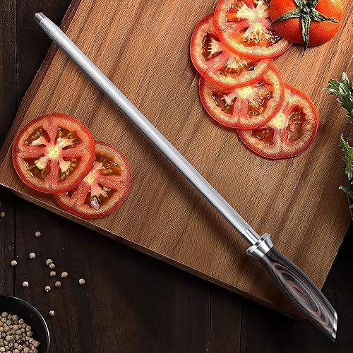 Miniatura 6 de HOSHANHO Varilla afiladora de cuchillos de cocina profesional de 12 pulgadas, acero japonés de alto carbono con mango ergonómico de madera de