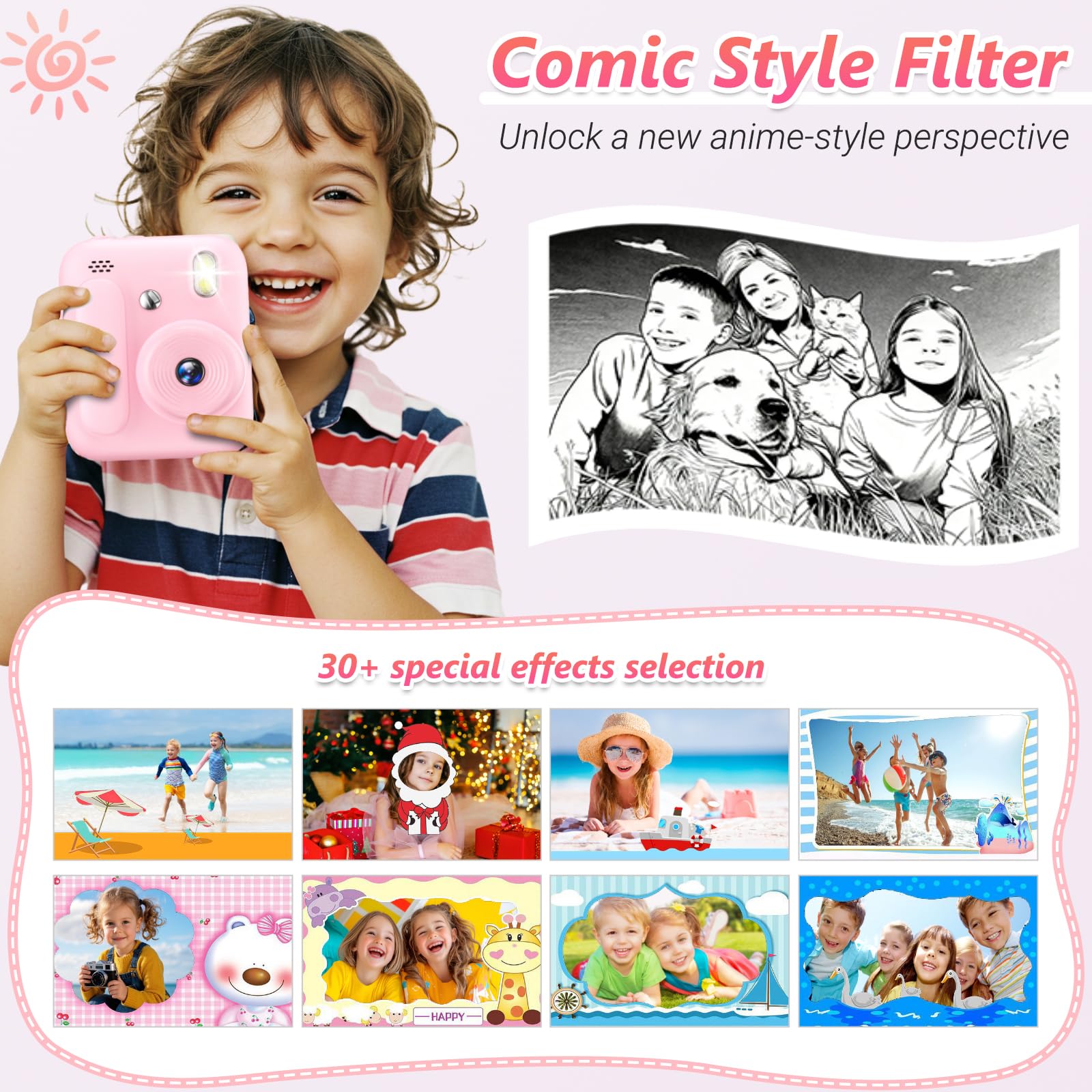 Macchina Fotografica Bambini Istantanea,Fotocamera Istantanea 1080P con 5 Rotoli di Carta da Stampa,Scheda da 32GB e Penne Colorate,Fotocamera Digitale Portatile per Bambini dai 3-14 Anni (Rosa)
