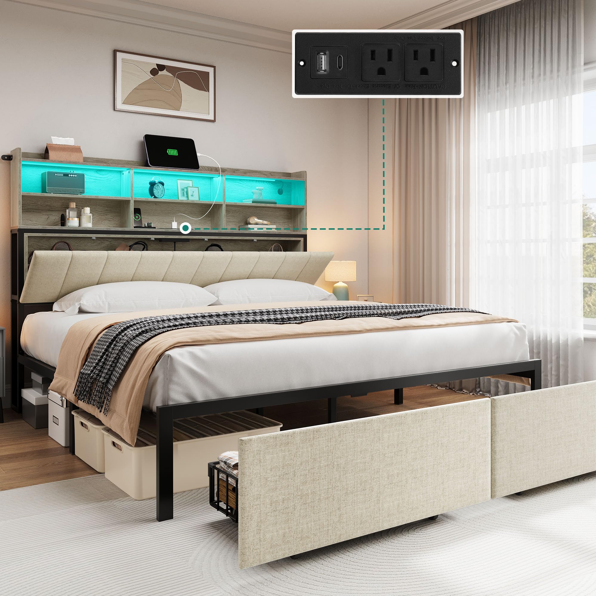 Photo 1 of ***FOR PARTS ONLY/ MISSING ASSEMBLY PIECES*** YITAHOME Queen Bed Frame with Charging Station, Storage Shelves and Bookcase Headboard, LED Light Queen Size Bed, No Box Spring Needed/Noise Free, Beige