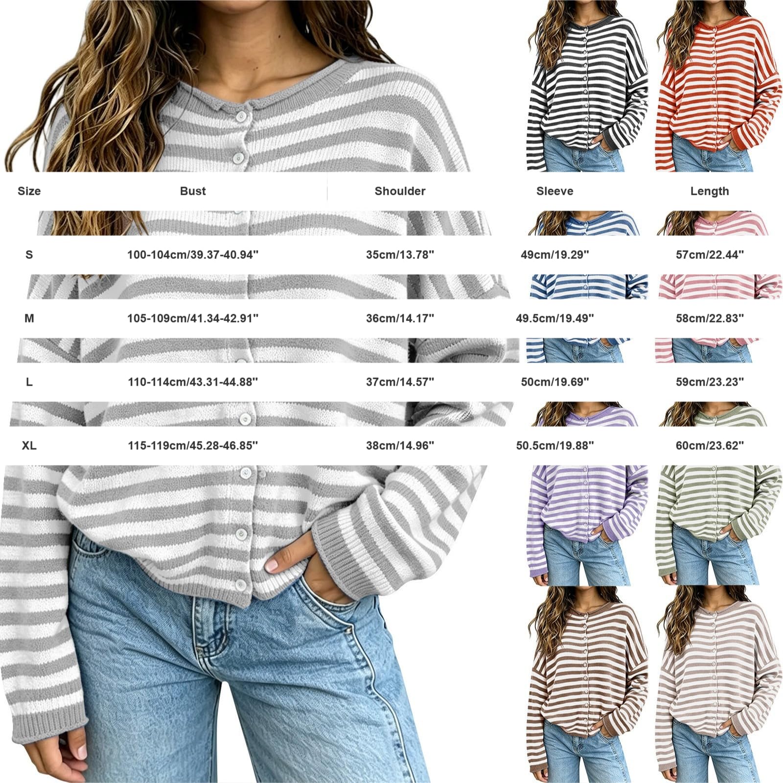 Maglione da donna, tinta unita, casual, a righe, per autunno e inverno