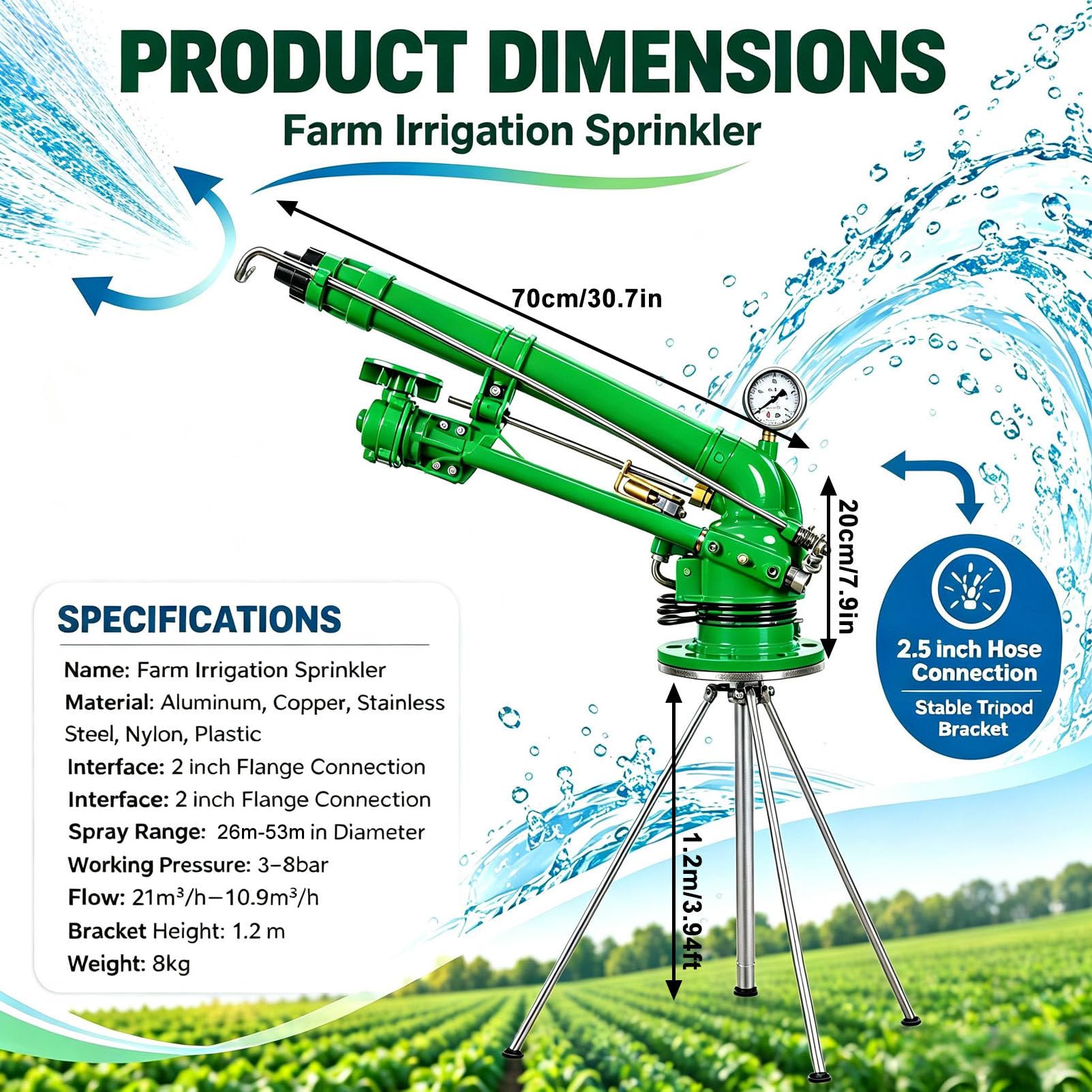Turbinenregner mit Manometer, Impulse Impact Sprinkler für landwirtschaftliche Bewässerung, 360 Grad Sprinkler mit Ersatzdüse und 1,2 m Halterung, ideal für Bauernhof- und Gartenbewässerung. B