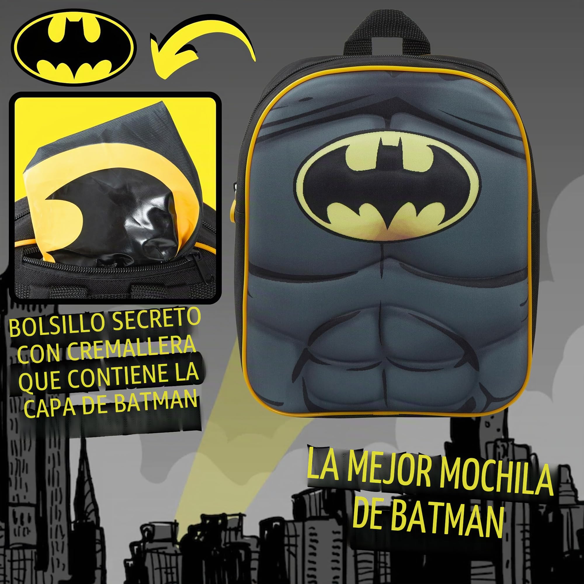 Mochila Batman 3D con capa plegable para niños DC Comics