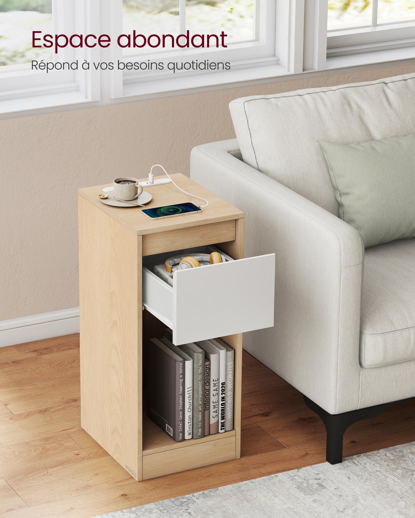 VASAGLE Kailyn Collection - Lot de 2, Table de Chevet, Table d’Appoint, avec Éclairage, 1 Port USB-A, 1 Port USB-C, Tiroirs et Compartiments Ouverts, Chambre, Jaune Amande et Blanc Nuage LET710Y01