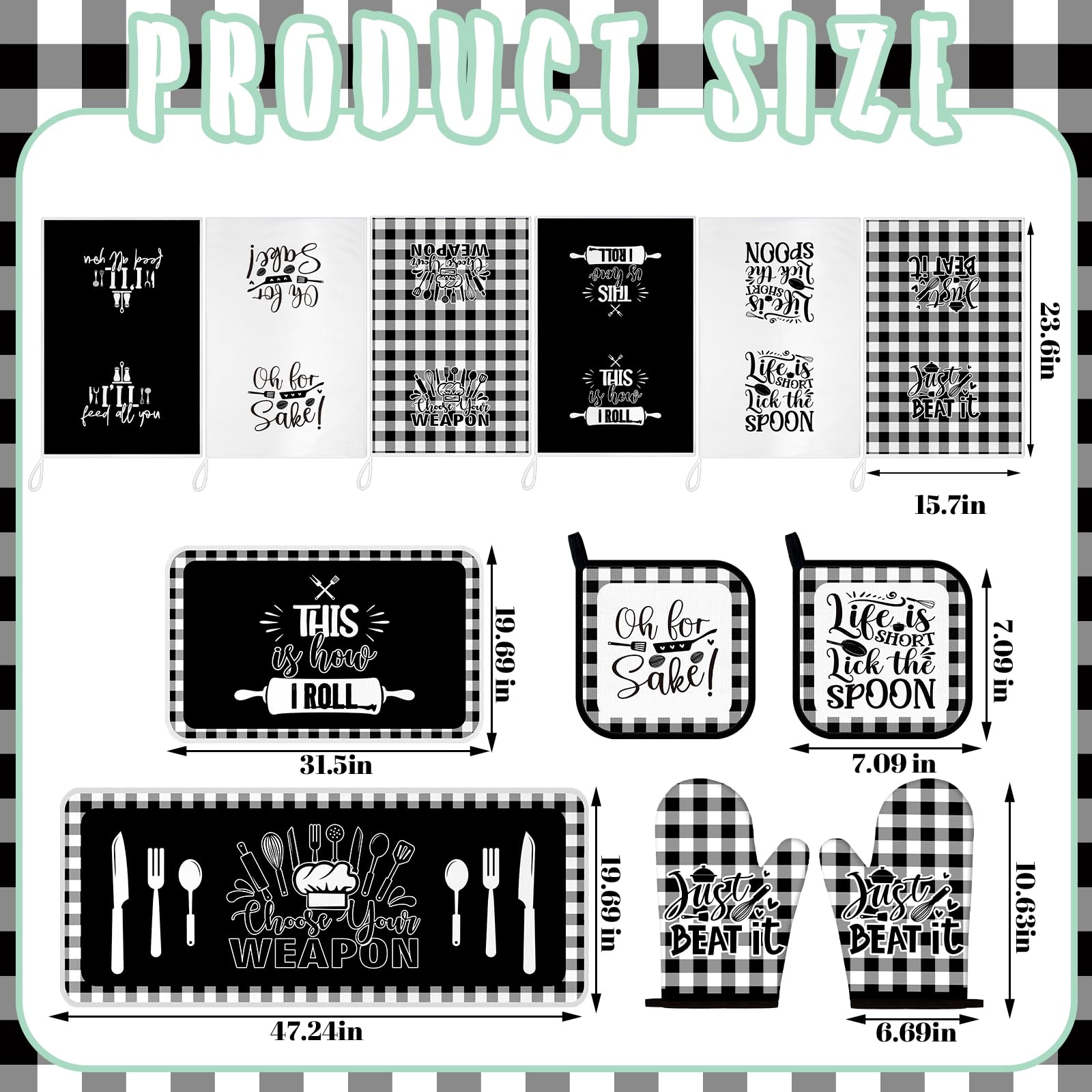 Fourluoo Juego de 10 manoplas de cocina a cuadros y soportes para ollas, paños de cocina en blanco y negro, accesorios de decoración de cocina para chef, hornear, cocinar, parrilla, barbacoa, mujeres