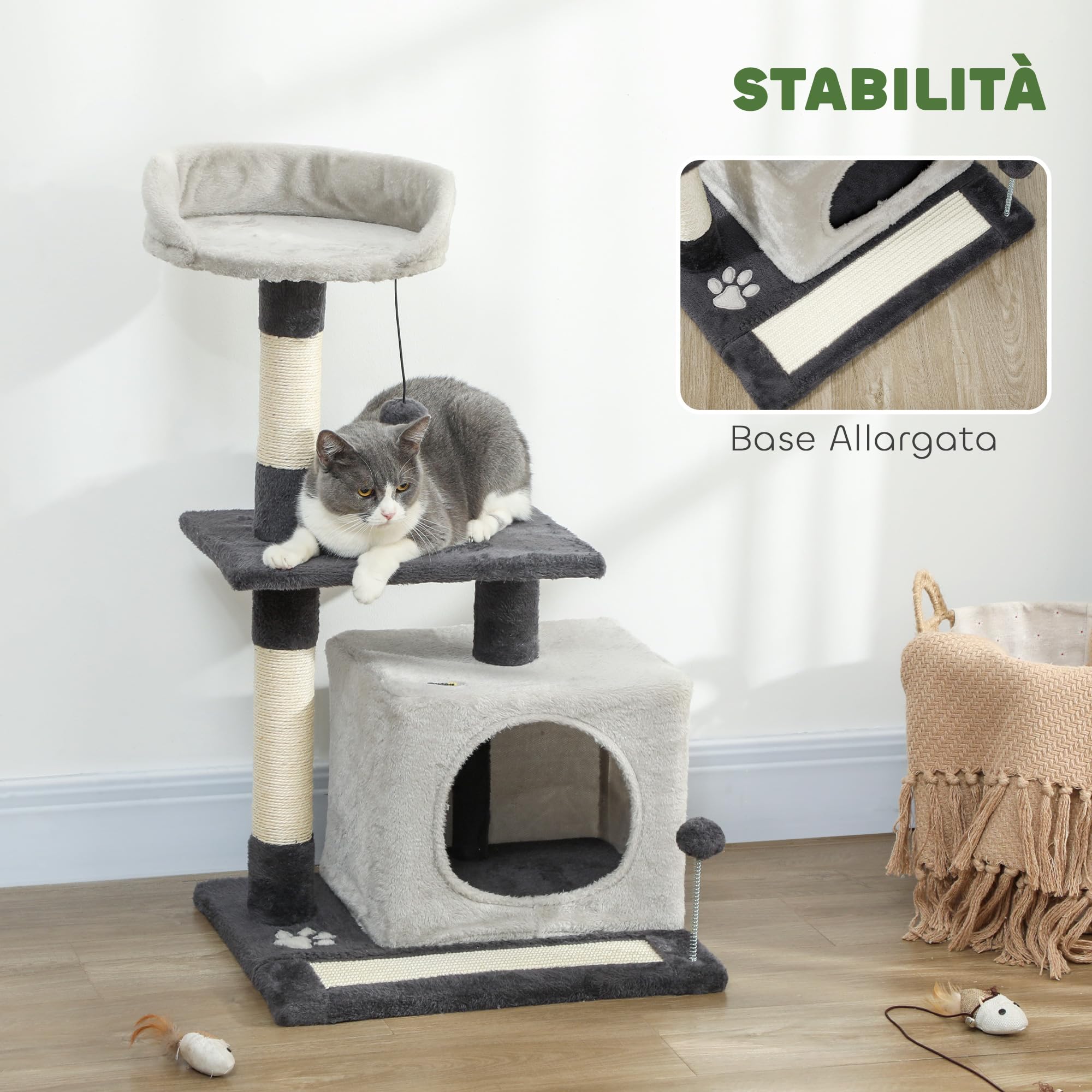 PawHut Albero Tiragraffi per Gatti Alto 85 cm, Torre per Gatti e Gattini con Casetta, Lettino Superiore, Pallina, Pali in Sisal e Tappetino Tiragraffi, Grigio Chiaro