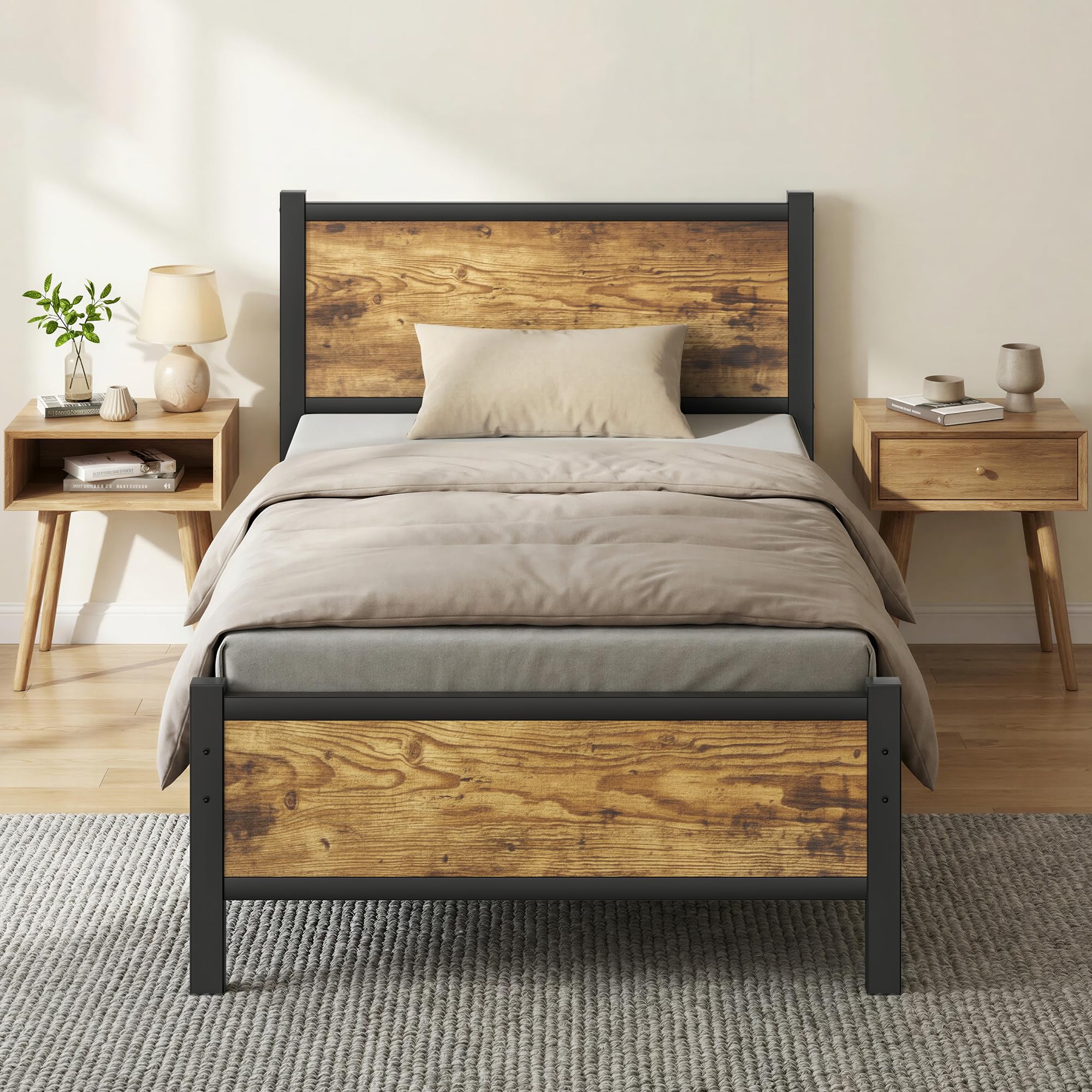 Frost IX Single Bed Frame with Wooden Headboard and Footboard, 3ft Single Bed with Heavy Duty Metal Slats Support, Under-Bed Storage, Noise Free, Easy Assembly, No Box Spring Needed