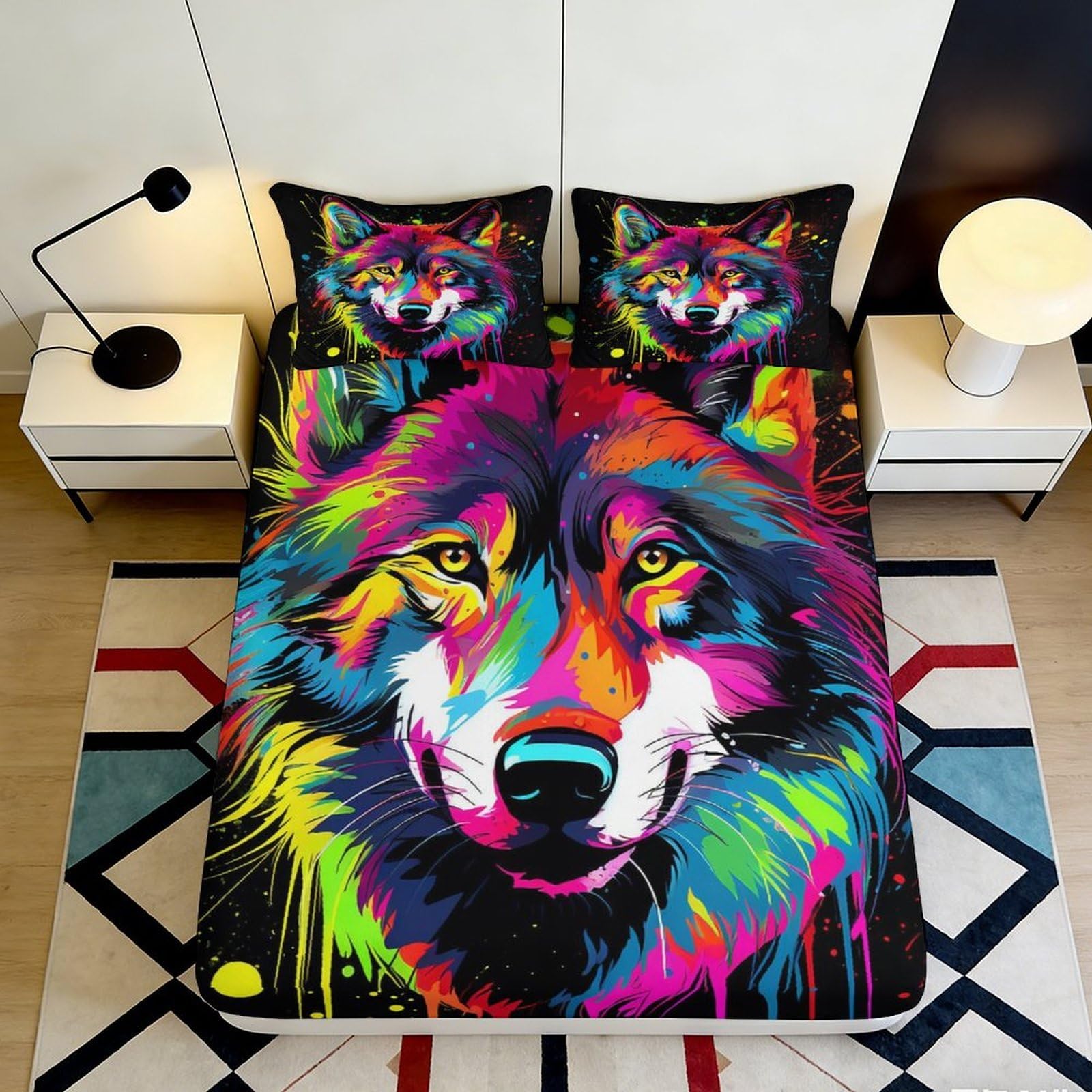 3D Printed Colorful Wolf Fitted Sheet Microfiber Soft Breathable Vibrant Animal Mattress Cover for Bedroom Dormitory Guest Room Protection Decor 120x200x25cm
