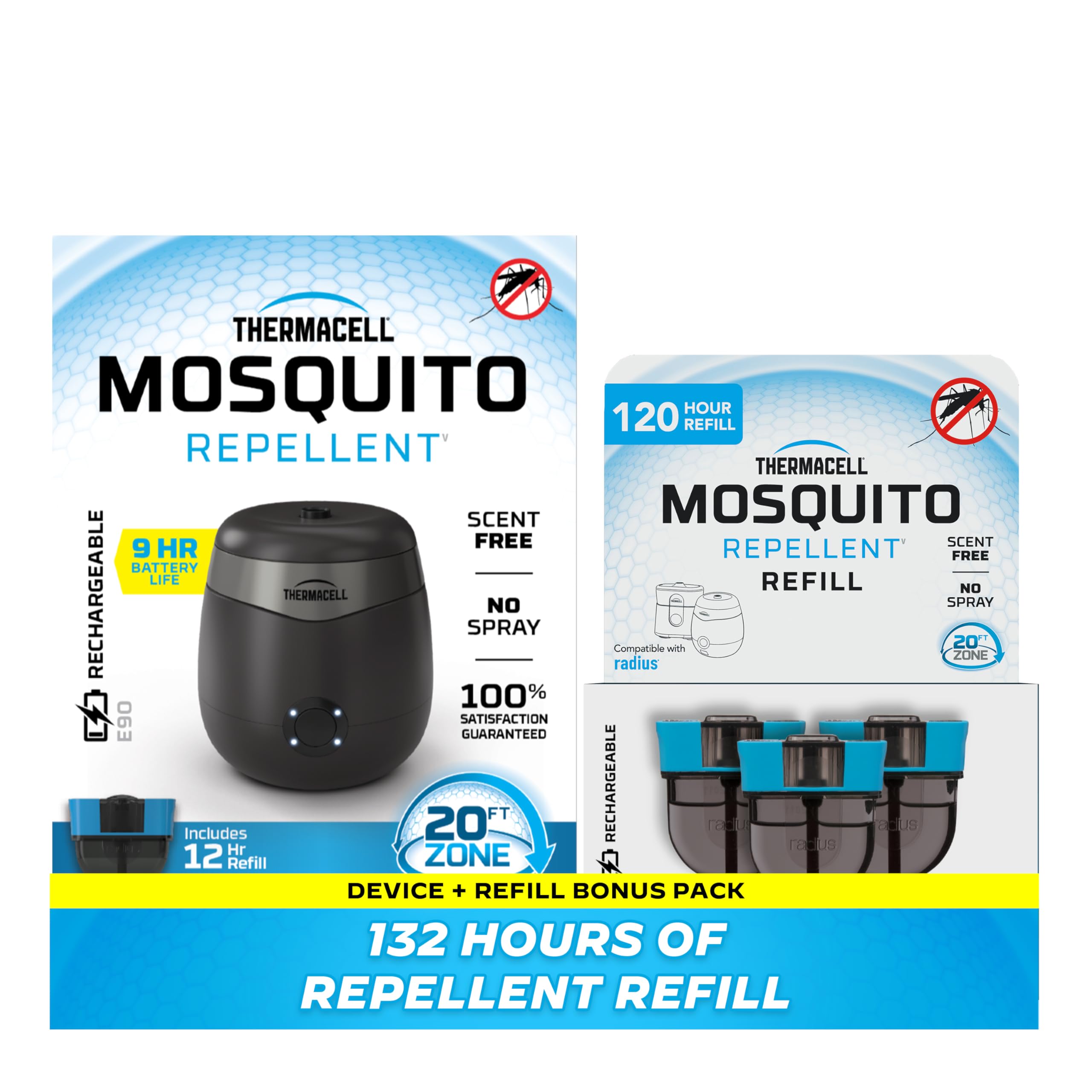 Thermacell E-Series Rechargeable Mosquito Repeller + 120-Hr Refill Bundle; 20' Mosquito Protection Zone; Up To 9-Hr Battery Life; 132 Hours of Protection; No Flame; DEET-Free Bug Spray Alternative, 9HR – Charcoal + 120 HR Refill