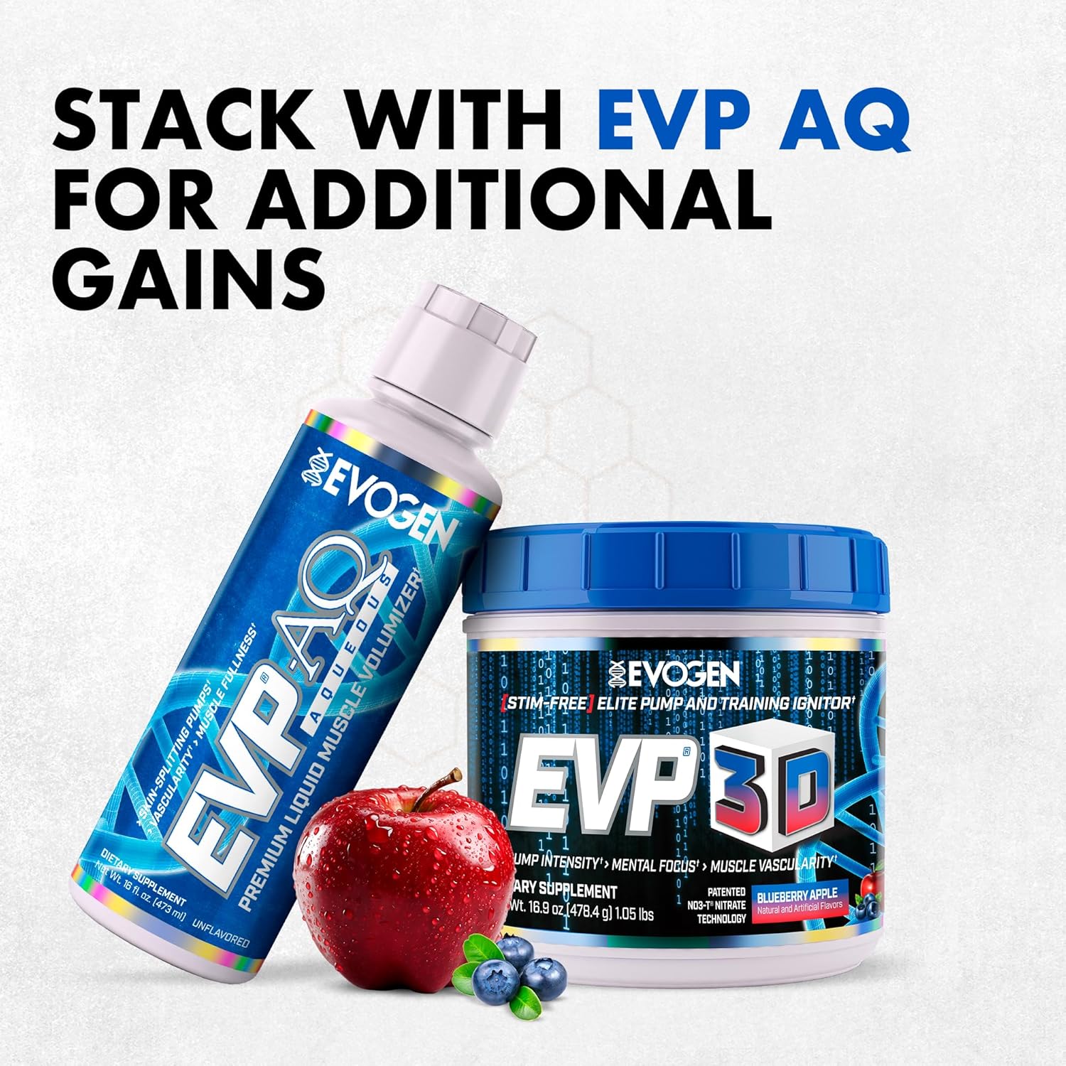 Evogen EVP 3D - Stim Free Pre Workout Powder for Men & Women | Sugar Free Non Stim Preworkout with Beta Alanine and Creatine for Energy & Pump | Blueberry Apple | 40 Servings