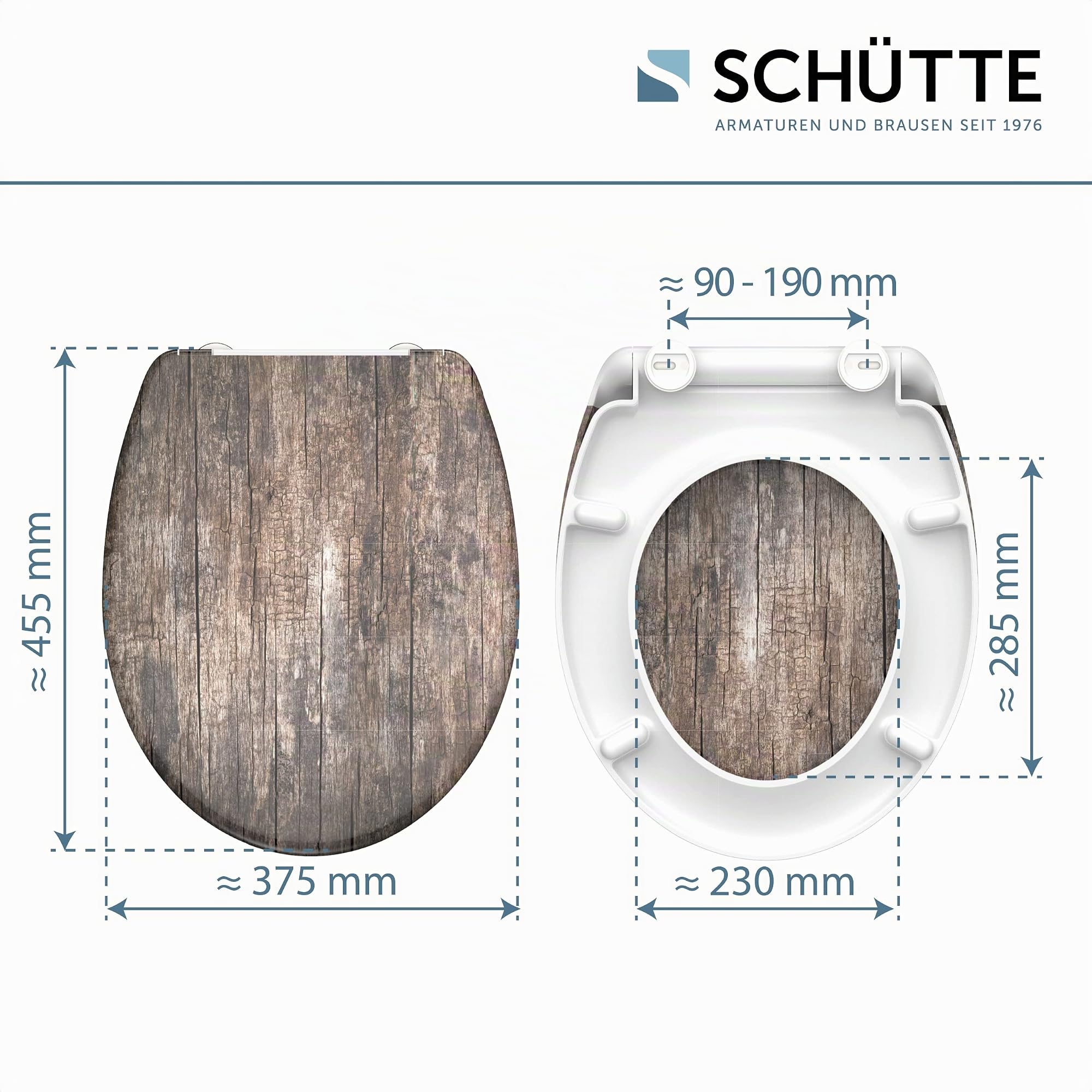 Schütte Abattant WC Frein de Chute Déclipsable STONES, Bois Ancien | Duroplast résistant, cuvette toilette avec frein de chute clipsable, forme en O, suspendu ou sur pieds, 150 kg max