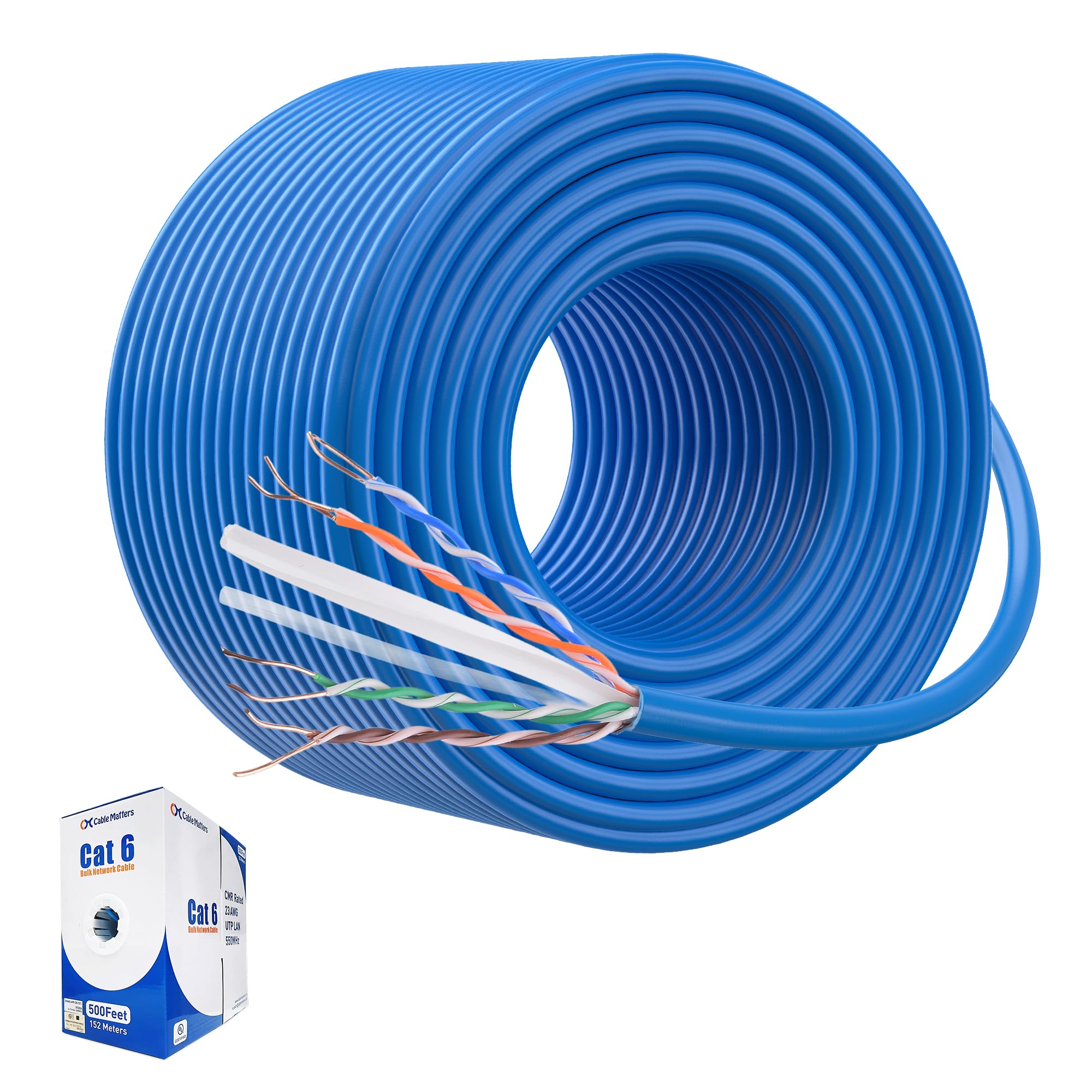 Cable Matters [UL Listed] 10Gbps in-Wall Riser Rated (CMR) 23AWG Bare Copper Cat6 Ethernet Cable - 500ft, Cat 6 Ethernet Cable Spool, Cat 6 Cord Bulk, Blue