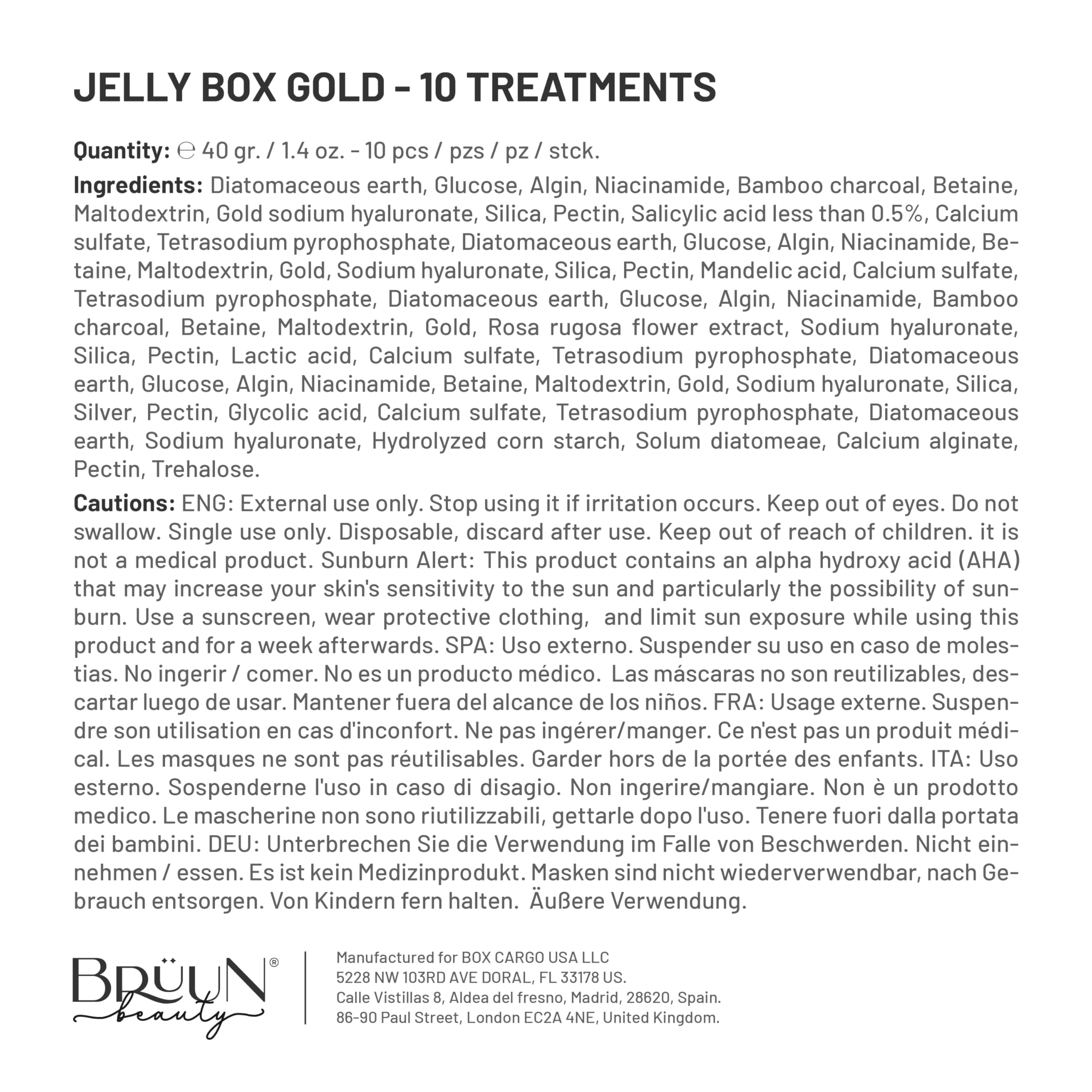 Brüun Peel-Off Jelly Mask Rubber Mask - 5 Treatments (Black Gold Salicylic AC, Red Gold Lactic AC, White Gold Glycolic AC, 24k Gold Mandelic AC, Hyaluronic AC) - 2 Packs of Each