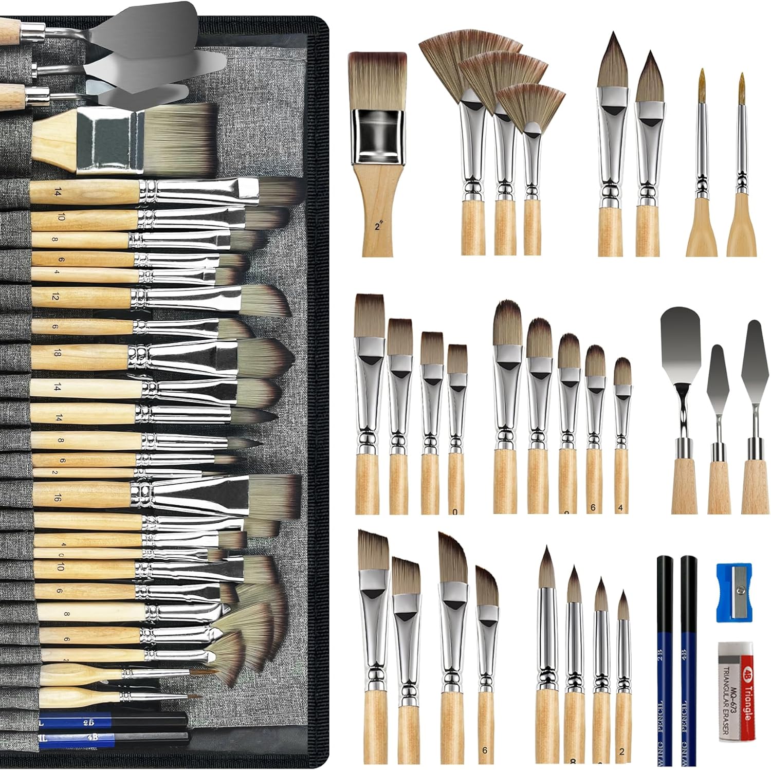 Bougimal 33 PCS Paint Brush Set with Case, Artist Upgrade Series, Premium Import Nylon Brush Set with Palette Knife, Various Types of Brushes, Pencil & Sharpener for Acrylic Painting, Oil, Watercolor