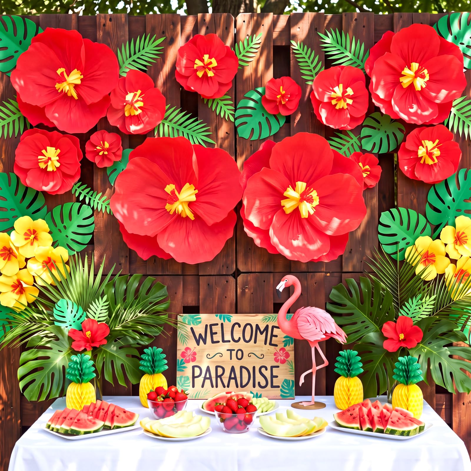 AmazingSpark Lot de 18 pompons géants en papier de soie motif hibiscus hawaïen 45,7 cm, 30,5 cm, 15,2 cm, fleurs hawaïennes, hibiscus rouge, anniversaire, fête prénatale, mariage, fond de soleil