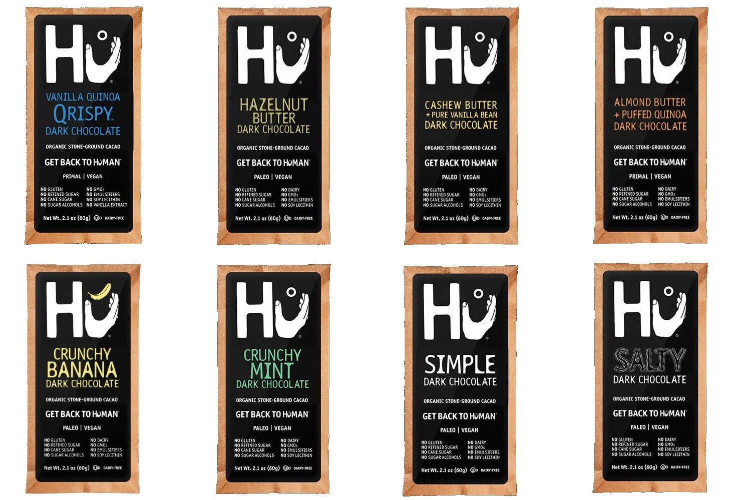Hu Kitchen - Paleo - Vegan - Chocolate Bars, Variety Pack (8 Bars) - Vanilla Quinoa "Qrispy", Hazelnut Butter, Cashew Butter, Almond Butter, Crunchy Banana, Crunchy Mint, Simple, and Salty