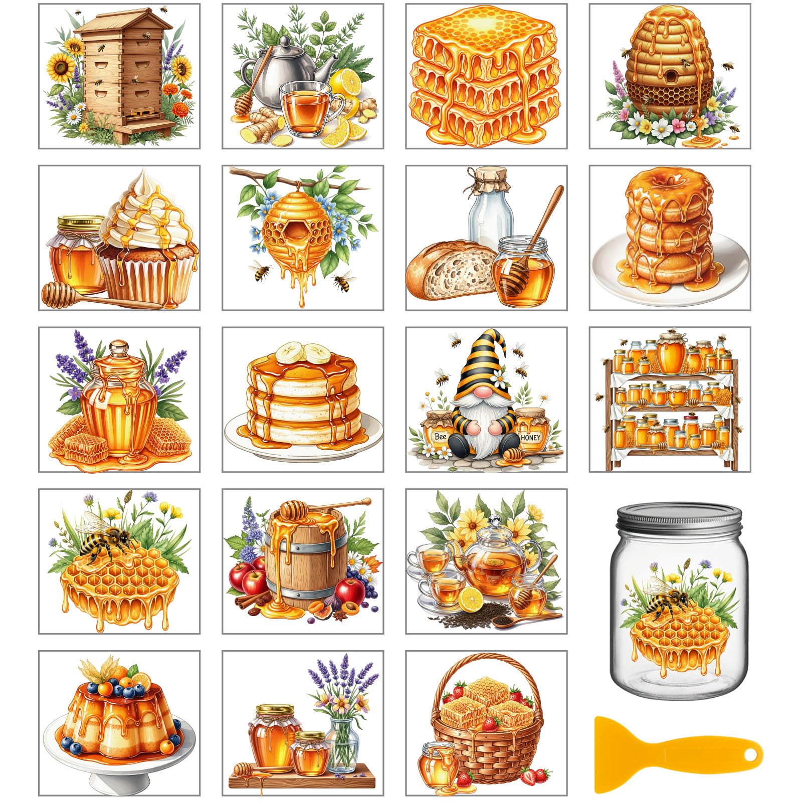 GLOBLELAND 18 Sheets Honey Bee Transfer Stickers 3.9x3.6inch Colorful Dessert Cake Transfer Decal Rub on Transfer for Cup Decal Vase Glass Art Crafts Decorations