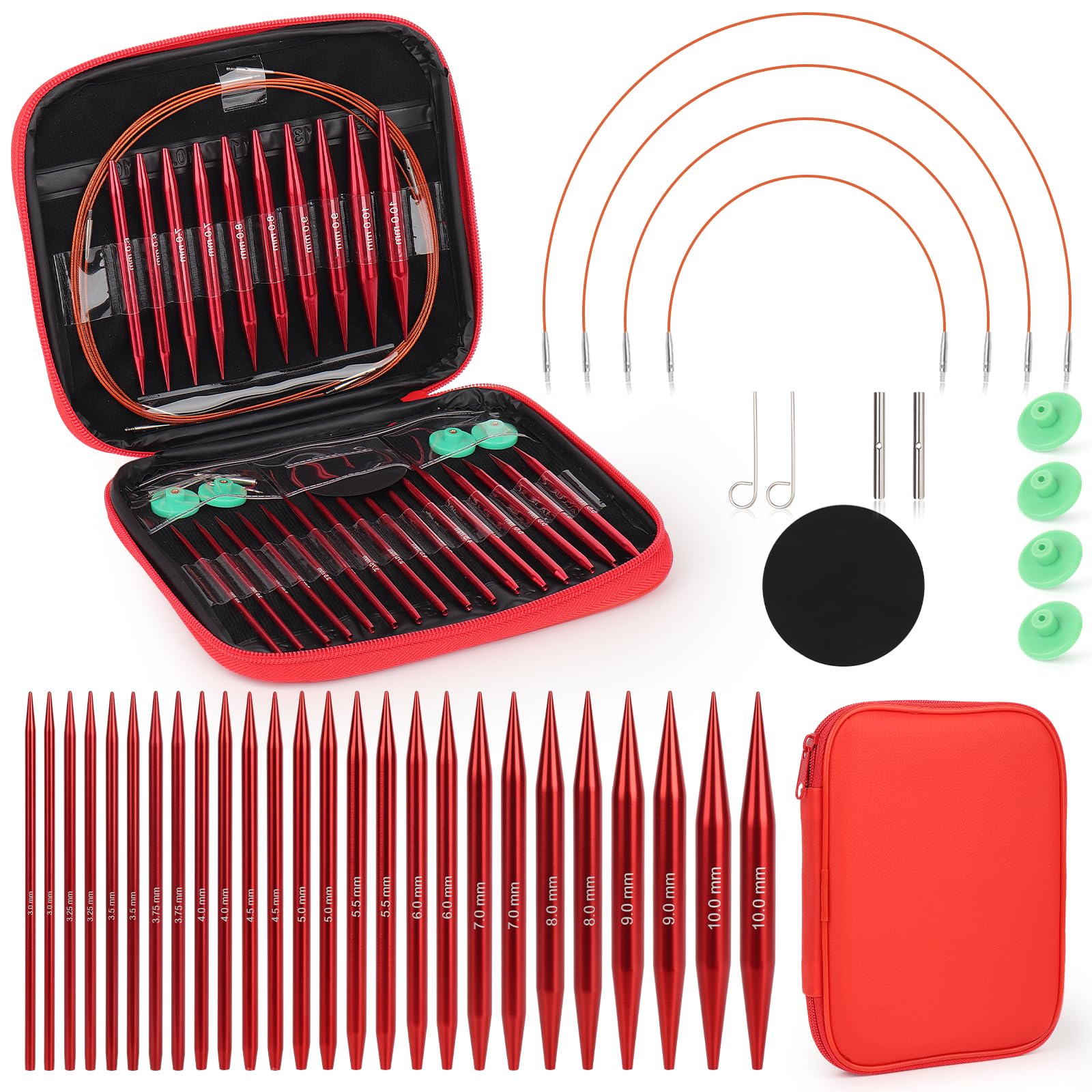 Coopay 13 Pairs Interchangeable Circular Knitting Needles 3-10 mm, Aluminium Knitting Needle, Beginner Knitting Kit, Circular Knitting Needle for Baby, Sweater, Scarf – Red