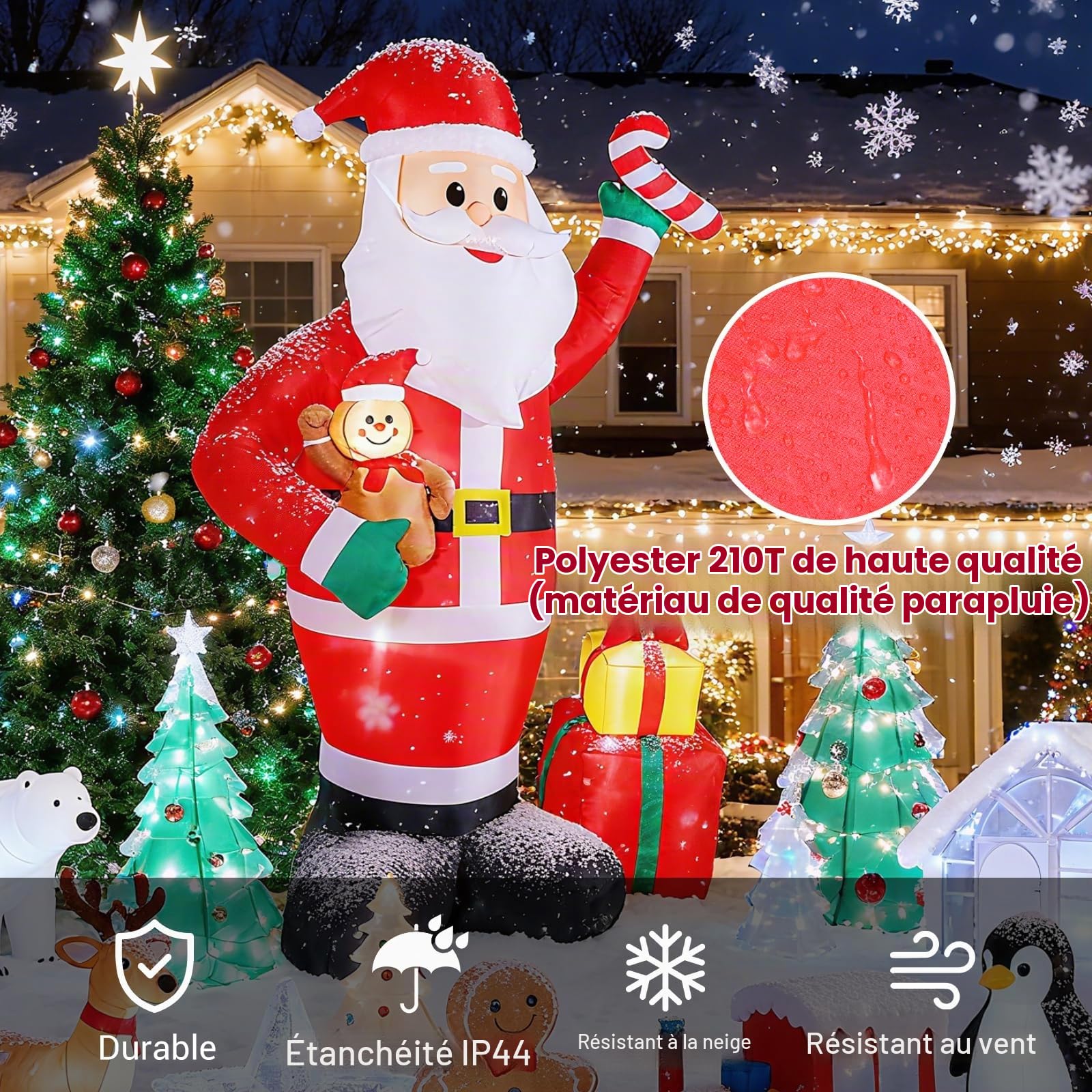 Quntis 244 CM Pere Noel Gonflable Exterieur avec LEDs Blanc Chaud, IP44 Pere Noel Gonflable, XXL Decoration Noel Exterieur Gonflable pour Intérieur Extérieur Jardin Pelouse Fête Christmas