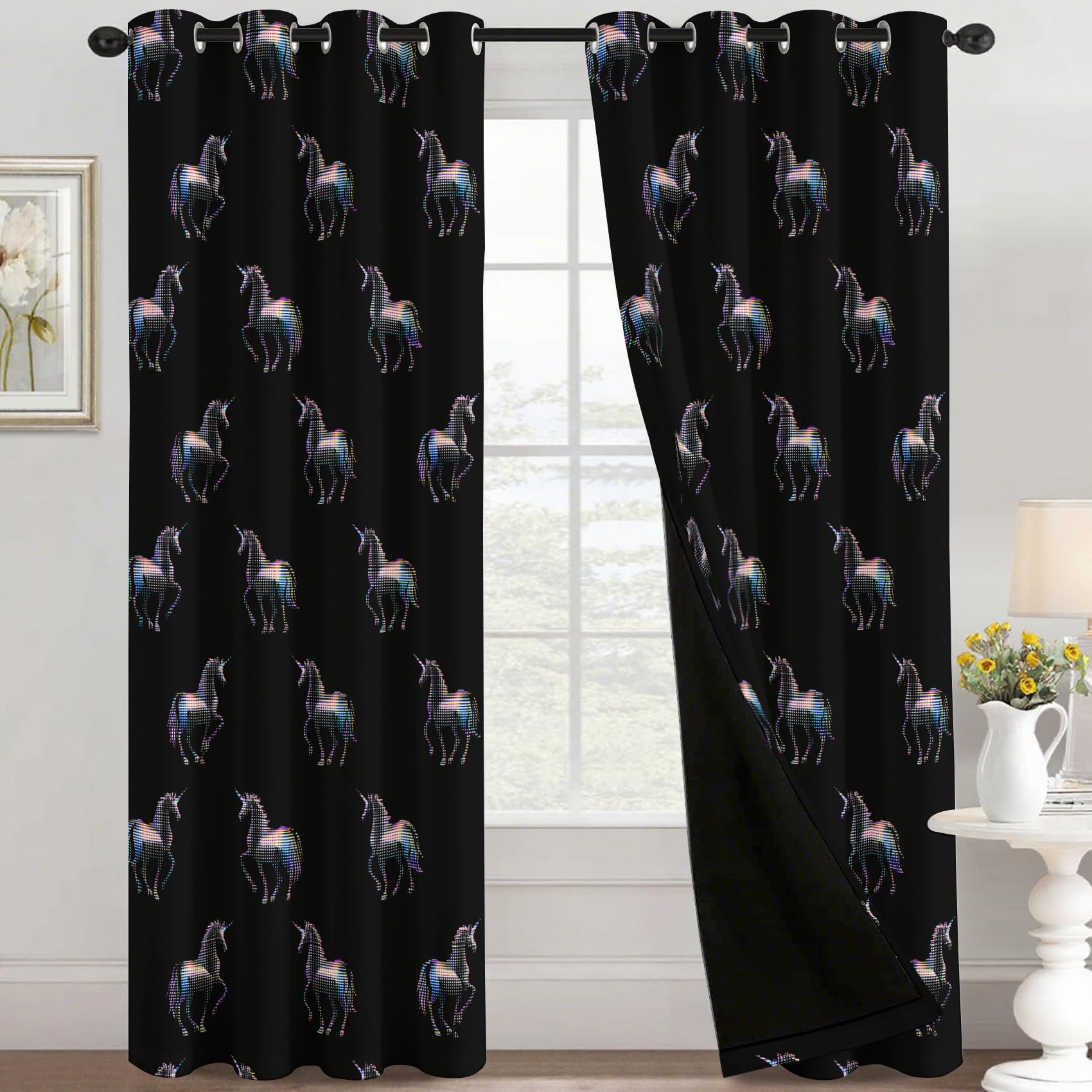 Générique Rideau Occultant Licorne, Rideaux Thermiques Motif Enfants pour Decoration Salon Chambre, Lot de 2 Draperies Intérieurs à Oeillets, 75x166 (LxH) E&4617