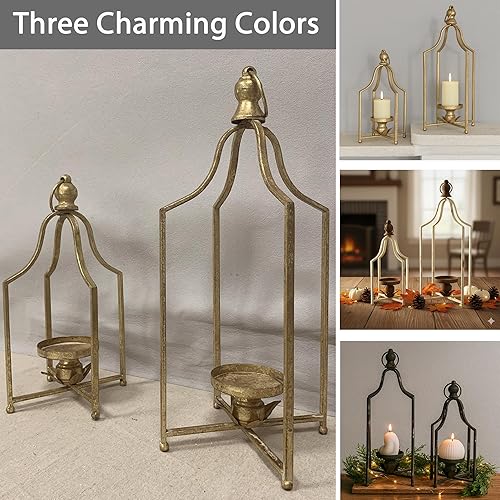 Miniatura 3 de Juego de 2 faroles decorativos atemporales de 12.5 y 16.5 pulgadas, portavelas de hierro de metal hechos a mano, elegancia de granja, chimenea,