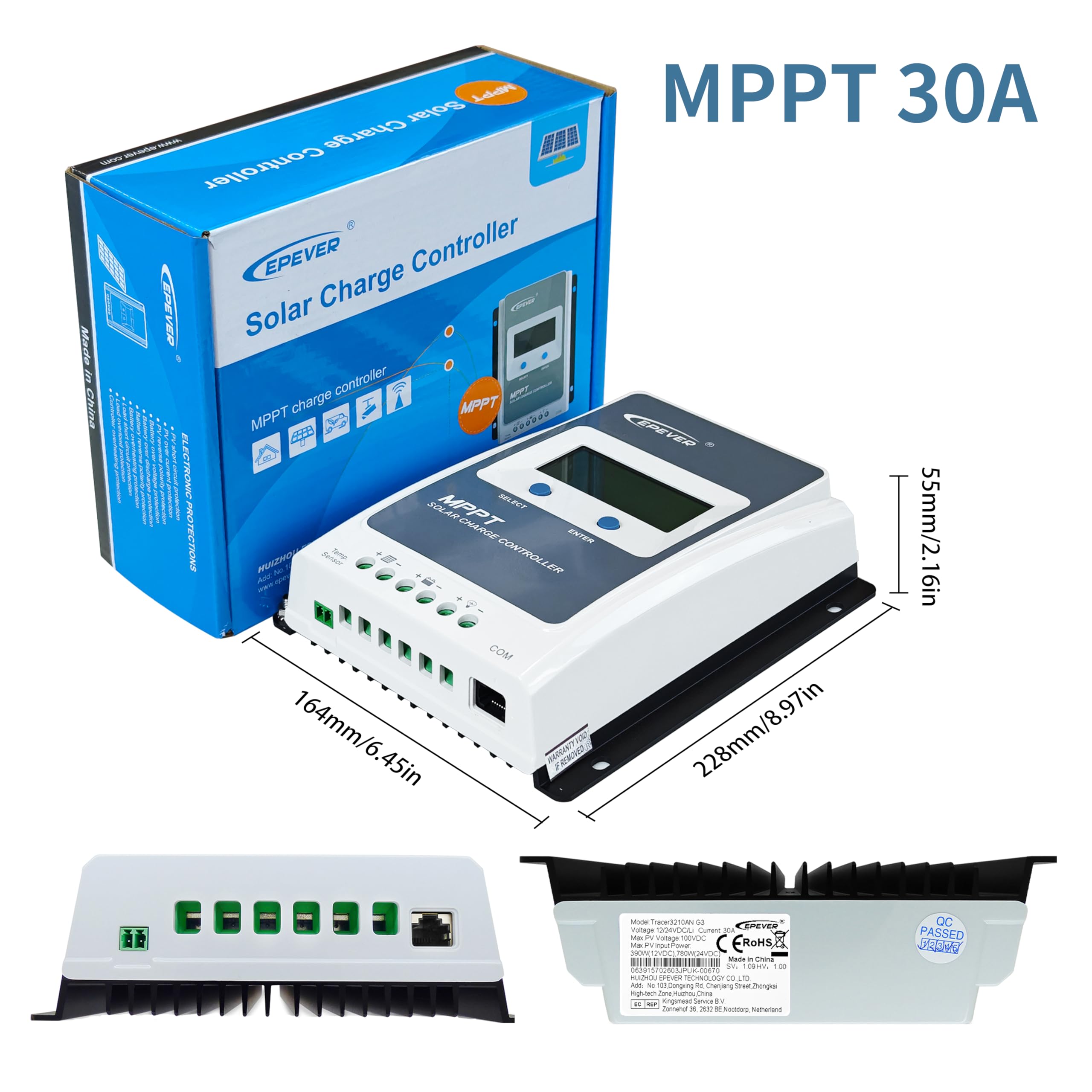 EPever MPPT Controlador de Carga Solar 30A 12V/24V Auto Switch Tracer-AN Series Panel Solar Regulador de Carga de Batería MAX PV 100V con Pantalla LCD