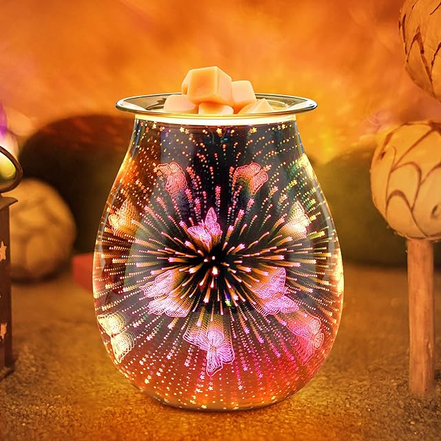 JUMKEET Glass Oil Burner Electric Wax Melt Burner, Candle Warmer Melter Essential Oil Fragrance Burner, Night Light Aroma Decorative Lamp for Home Office Bedroom Living Room Gift - 3D Butterfly Design