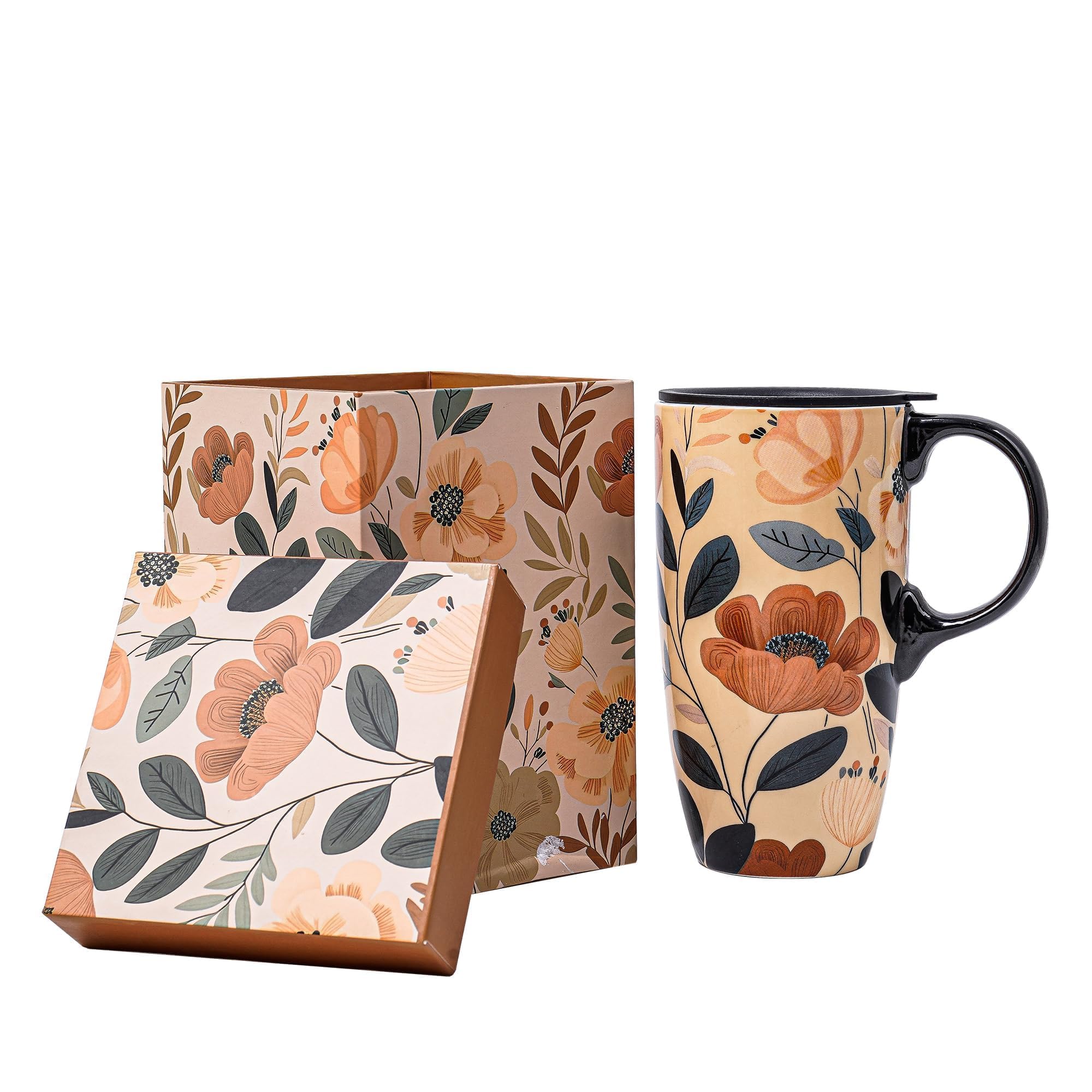 Topadorn Ceramic Travel Mug with Lid and Handle ，Coffee Mug Teacup in Color Box 17 Oz, Splash Resistant Lid - To Go Tumbler for Car Cup Holder, Green Leaves And Flowers