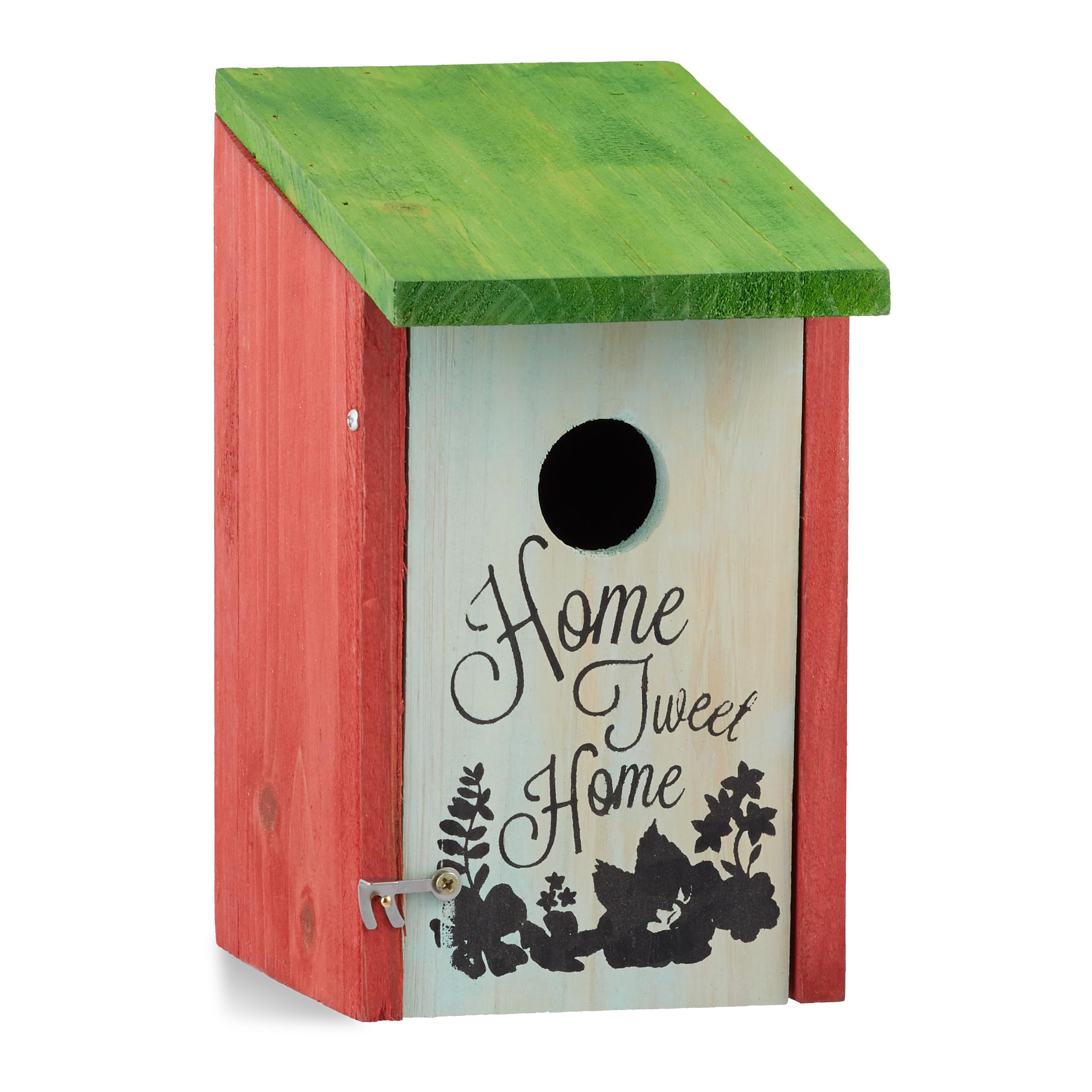 Relaxdays Nichoir à oiseaux HOME SWEET HOME pour petits oiseaux bois porte HxlxP 21,5 x 12 x 15,2 cm à suspendre, vert rouge