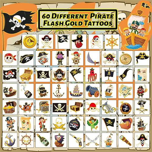 Miniatura 5 de winthrop 240 tatuajes temporales con purpurina pirata a granel para niños, tatuajes de seguridad impermeables envueltos individualmente en oro