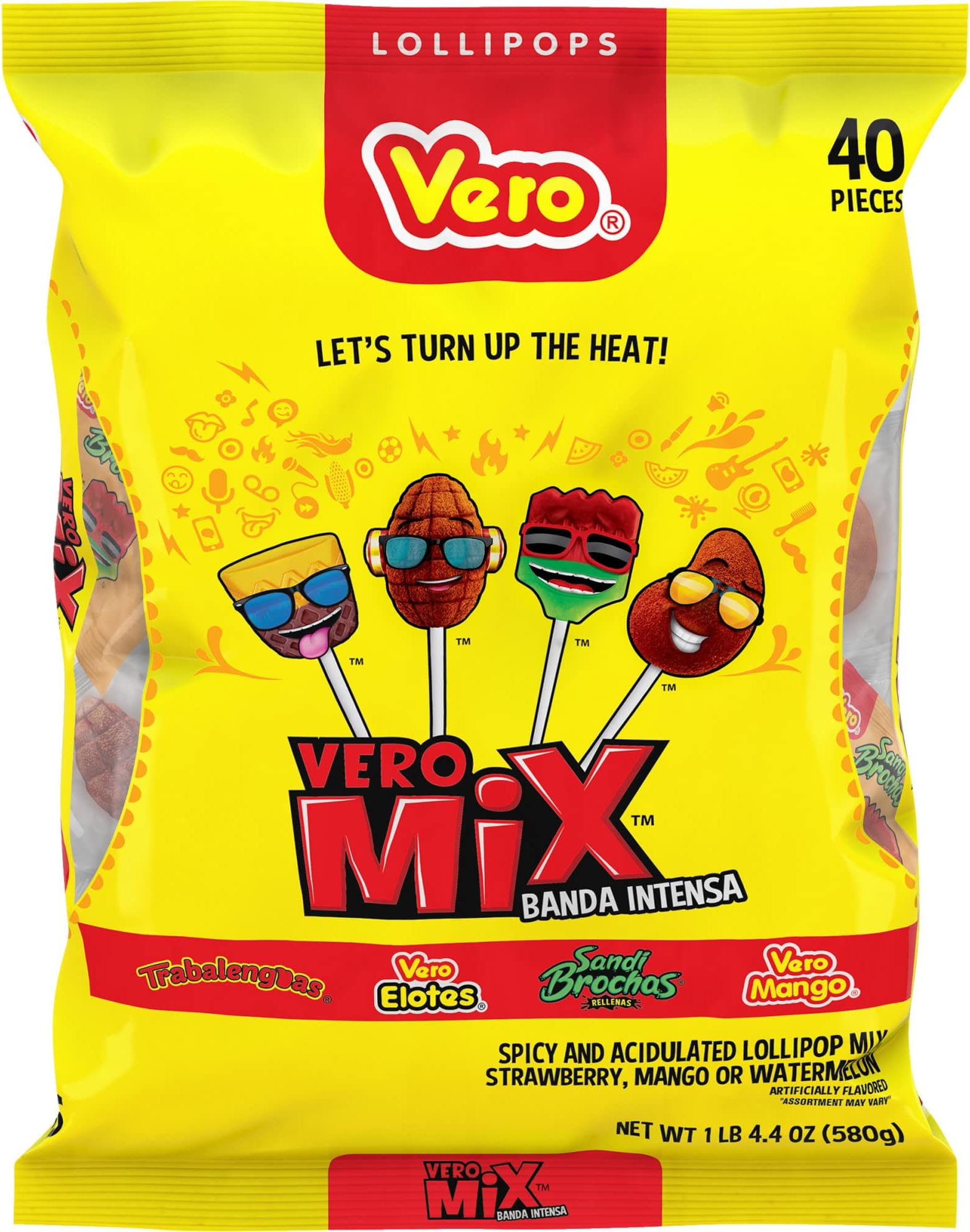 Vero Banda Fuego Mix Assorted Chili Lollipops, Artificially Flavored, Net Wt. 20.5 Ounces, 40 Count Bag