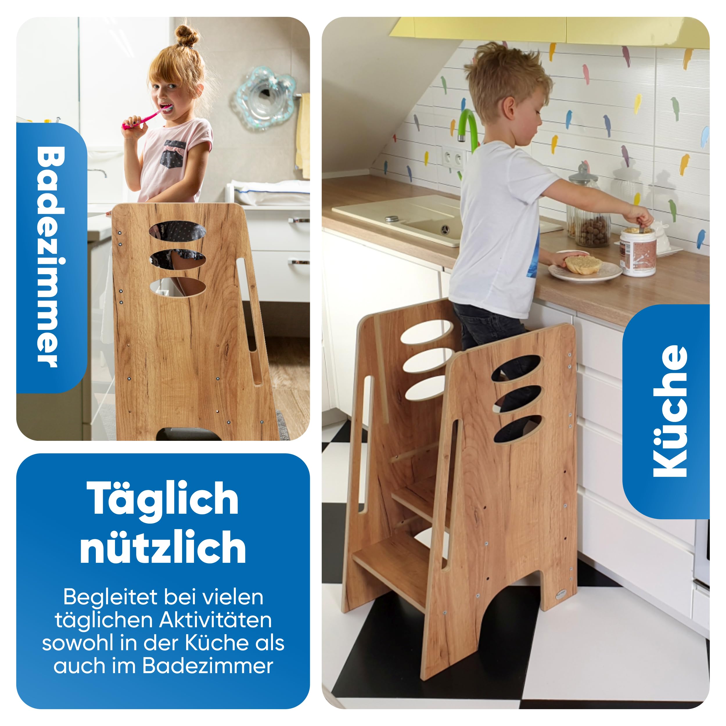 Kitchen Kids Helper Lernturm ab 1 Jahr - Höhenverstellbarer Lernturm Montessori Eiche 80cm - Sicherer Learning Tower für Kinder - Ideal für Küche & Bad - Stabile Konstruktion - Leichter Aufbau