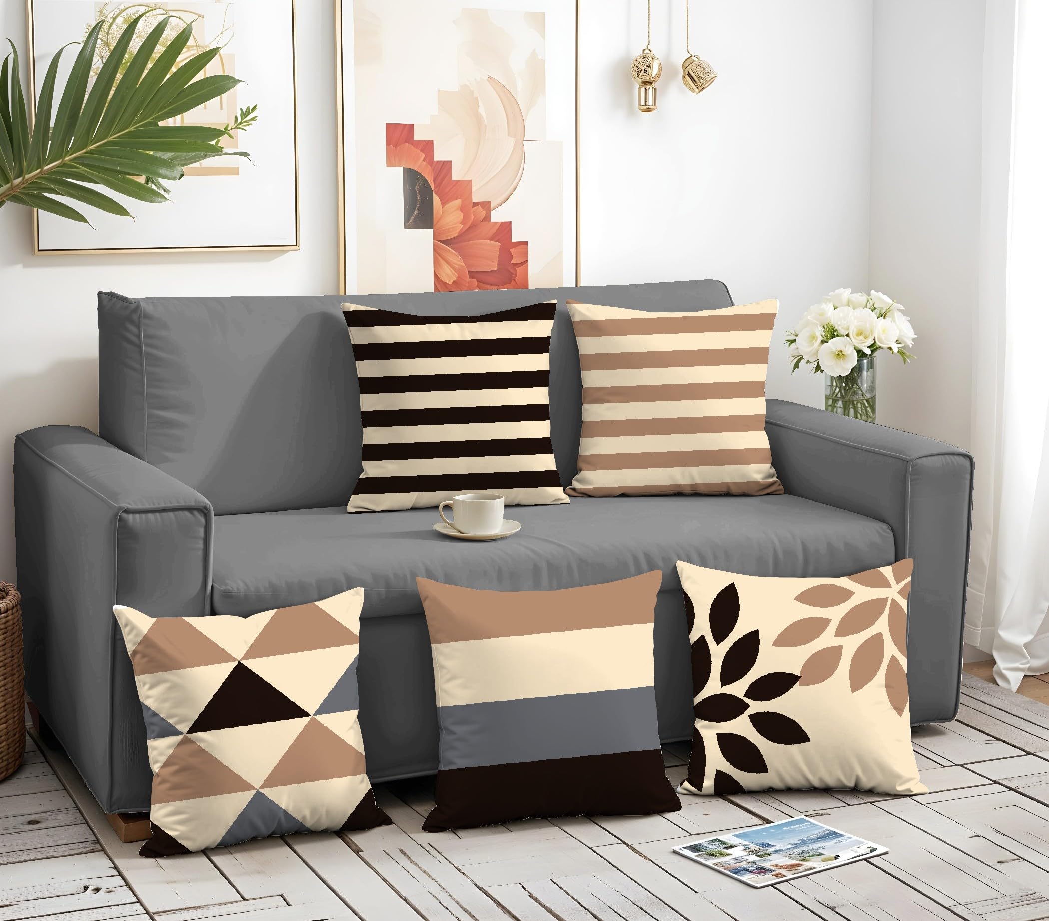 Modern Decorative Throw Cushion Cover, 16 x 16 Inch, Geometric Pattern, Beige Brown Black Pillow Covers, 40 x 40 cm, Set of 5-image-21