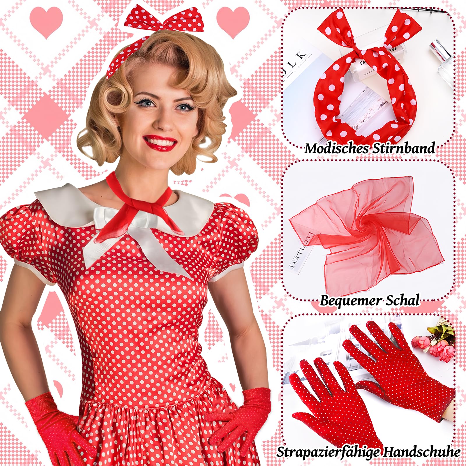 Grantop Akcesoria damskie w stylu lat 50. XX wieku, 12-częściowy zestaw akcesoriów damskich w stylu rockabilly, w stylu retro, akcesoria do kostiumu z szyfonu, szalik, rękawiczki, opaska na czoło