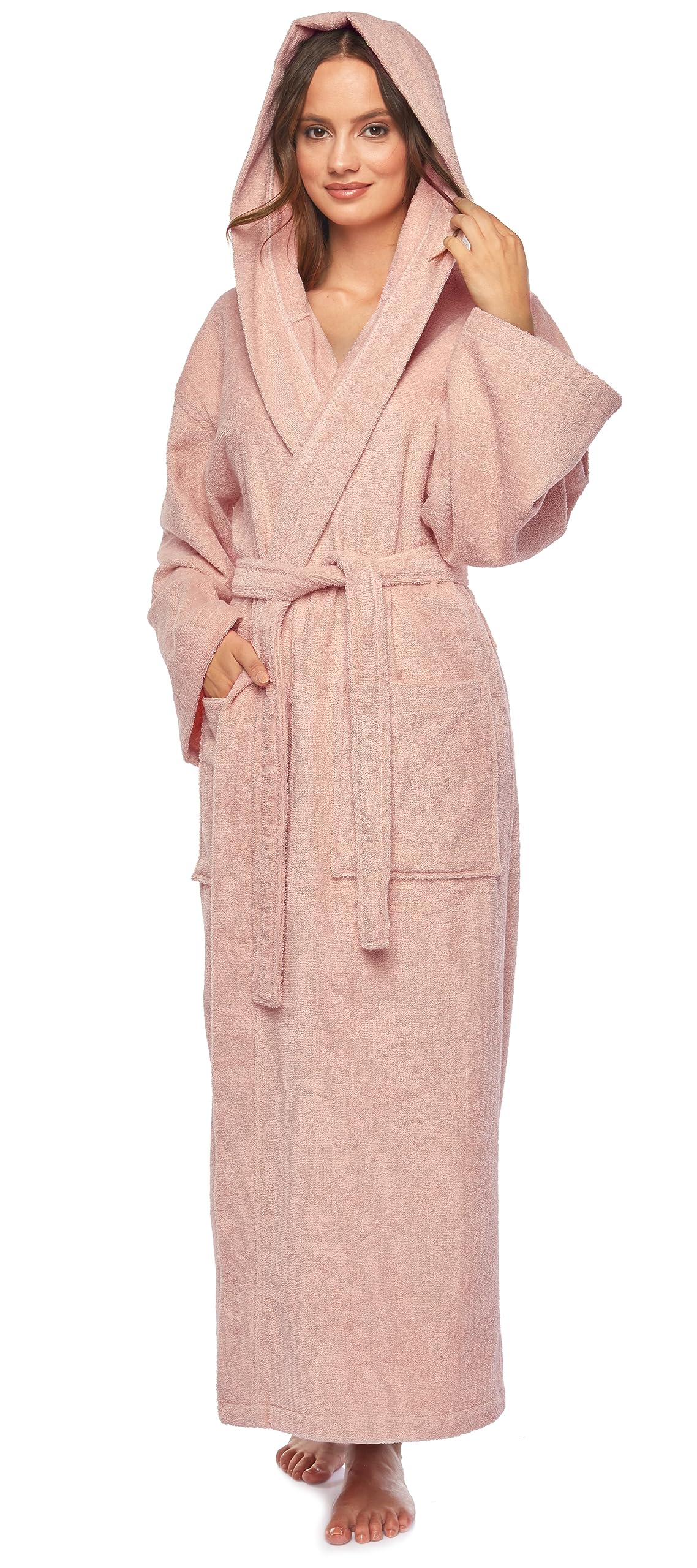 Arus Women`s bathrobe with hood, calf length, 100% cotton terry towelling, powder pink, XL-XXL