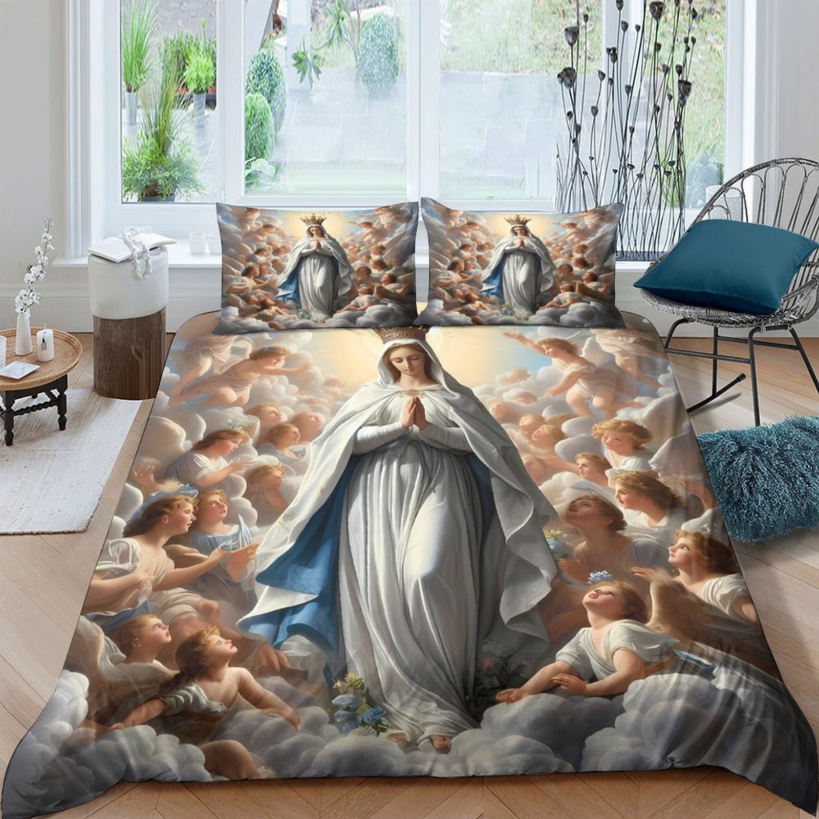 Ctjqhvkz Style-8 3D Printed Virgin Mary Fitted Sheet Microfiber Soft Cloud Angels Bed Cover For Bedroom Decor Mattress Protection Single（135X200cm）
