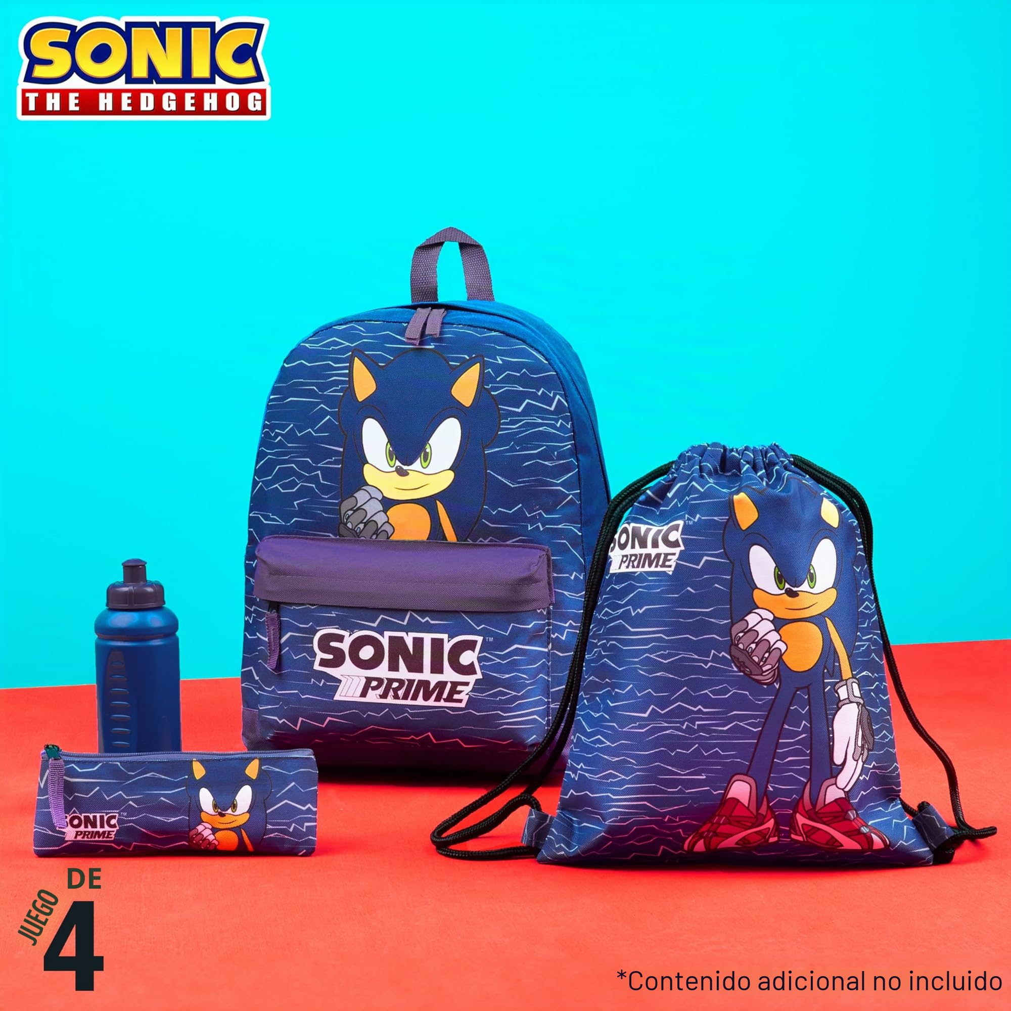 Sonic The Hedgehog Mochila Escolar Niño, Set Escolares de 4 Piezas con Mochila, Bolsa, Estuche y Botella Agua para Niños