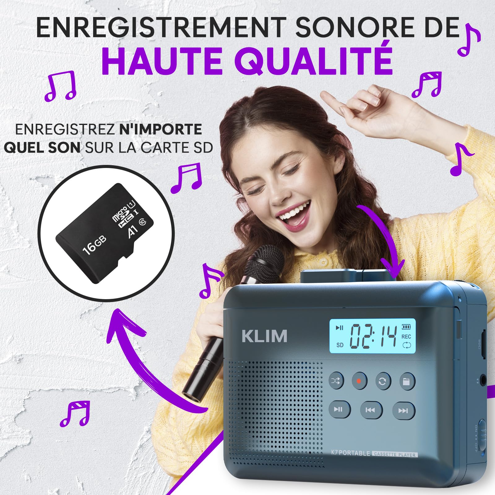Cassette Player KLIM K7 - Lecteur Cassette Audio - Convertisseur Audio en MP3 - Microphone et Haut-Parleur intégrés - Batterie Rechargeable - Ecouteurs - Carte SD 16GB - Bleu