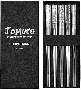5 Pairs Stainless Steel Chopsticks JOMUCO Reusable Metal Chopsticks Dishwasher Safe Laser Engraved Pattern Chinese Korean Japanese Chopsticks Gift Set Easy to Use and Clean (Silver)