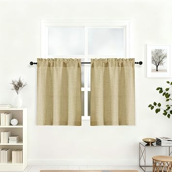Lecloud Camel Kitchen Curtains 30 Inch Length 2 Pcs, Light Filtering Rod Pocket Rustic Short Cafe Curtains, Window Faux Linen Textured Drapes for Bathroom RV Camper Basement, Each Panel 30" W x 30" L