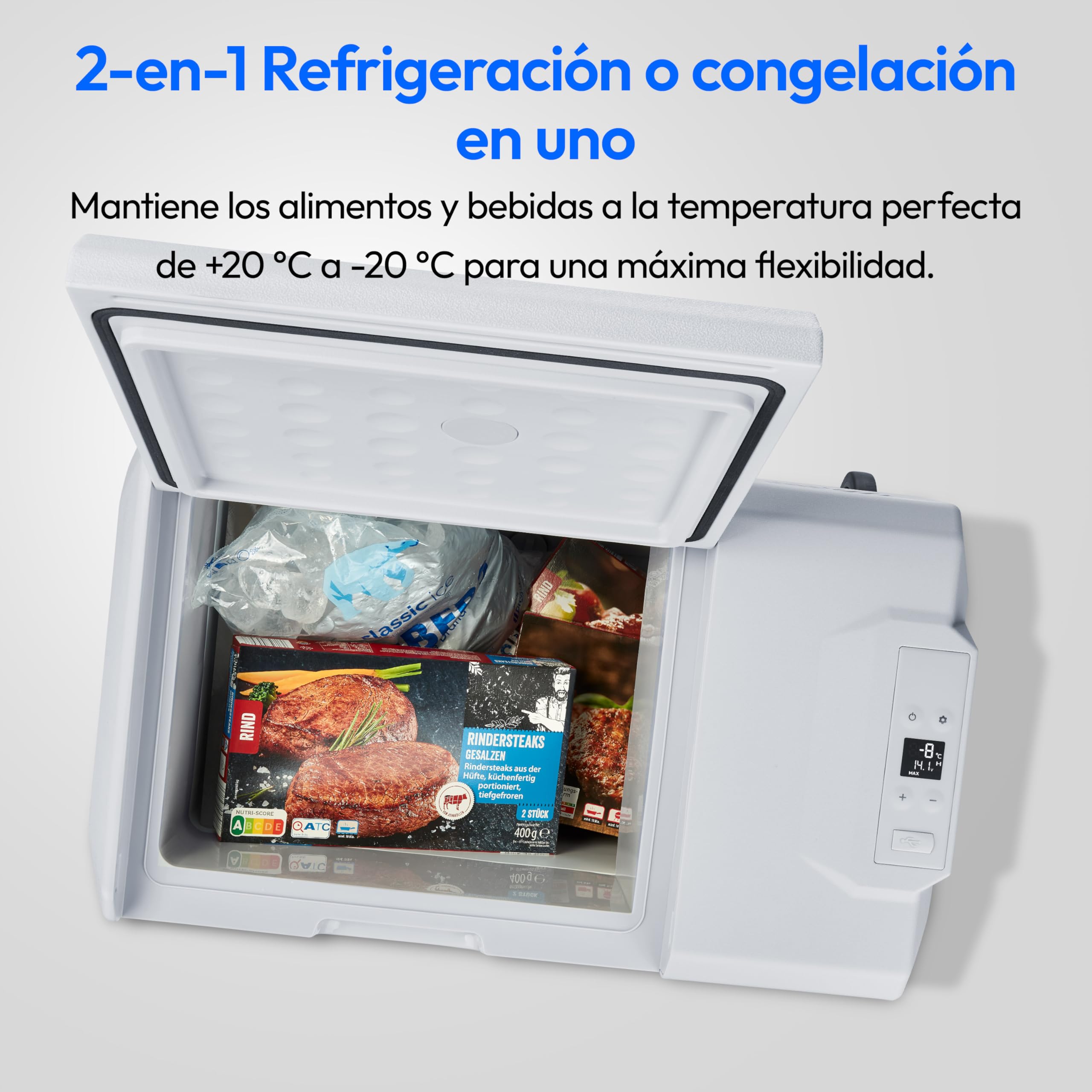 MEDION Nevera portátil con compresor (eléctrica, 39 litros de capacidad, 60 vatios, de -20 °C a 20 °C, pantalla LED, USB, adaptador de 230 V, 12 V y 24 V para coche, camión