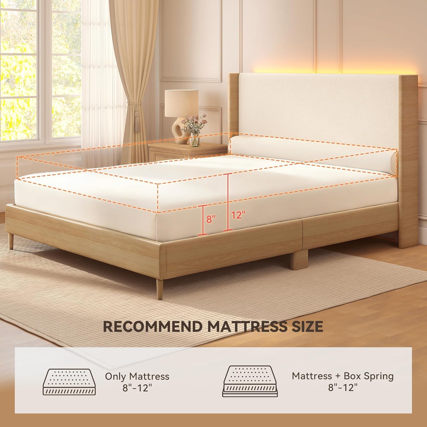 Torana Queen LED Bed Frame with Wingback Headboard, Natural Oak Finish Faux Leather Platform Beds with Wooden Slats Support, White Teddy Fleece Upholstered Bedframe, No Box Spring Needed